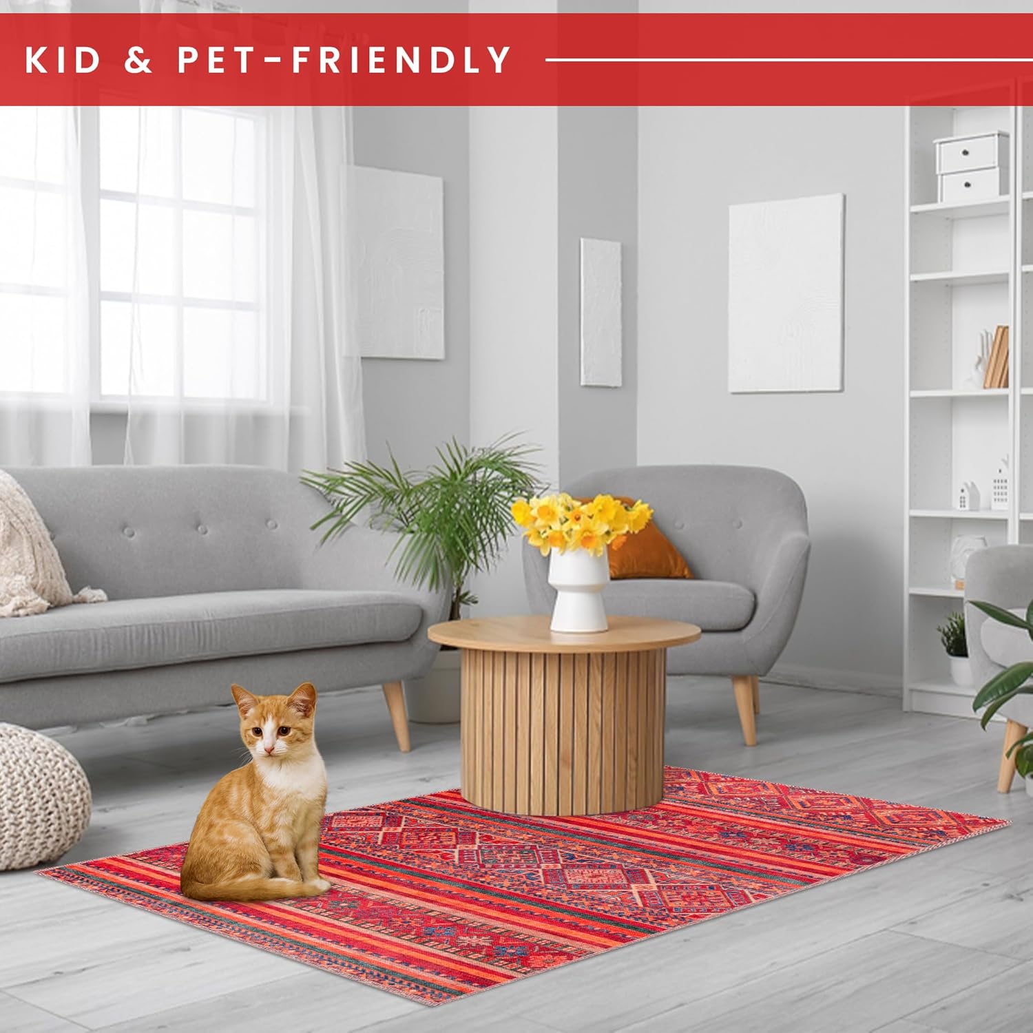 Netline Home Rugs Depot 1322K – Machine Washable Red Tribal Kilim Rug | Multicolor Geometric Striped Carpet for Living Room, Bedroom & Dining