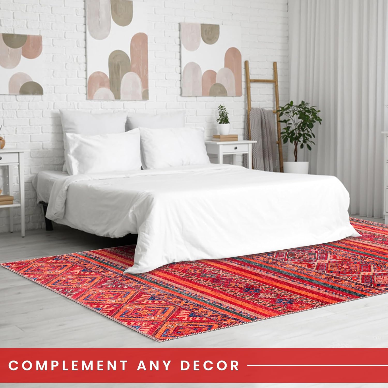 Red tribal Kilim rug by Netline Home, machine washable multicolor geometric striped carpet for living room, bedroom, or dining.