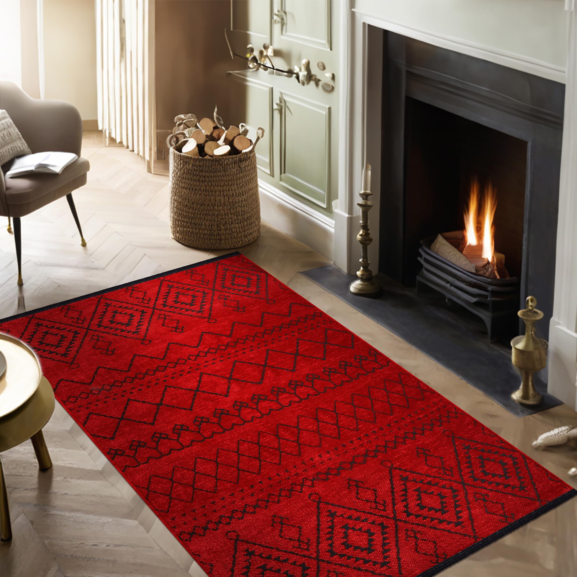 Rugs Living Room - Machine Washable Rug, Low Pile Non-Slip Area Rug - Area Rugs for Livingroom Bedroom Kitchen - Pet Friendly Carpet, Modern Room Decor (Red, 120X180)