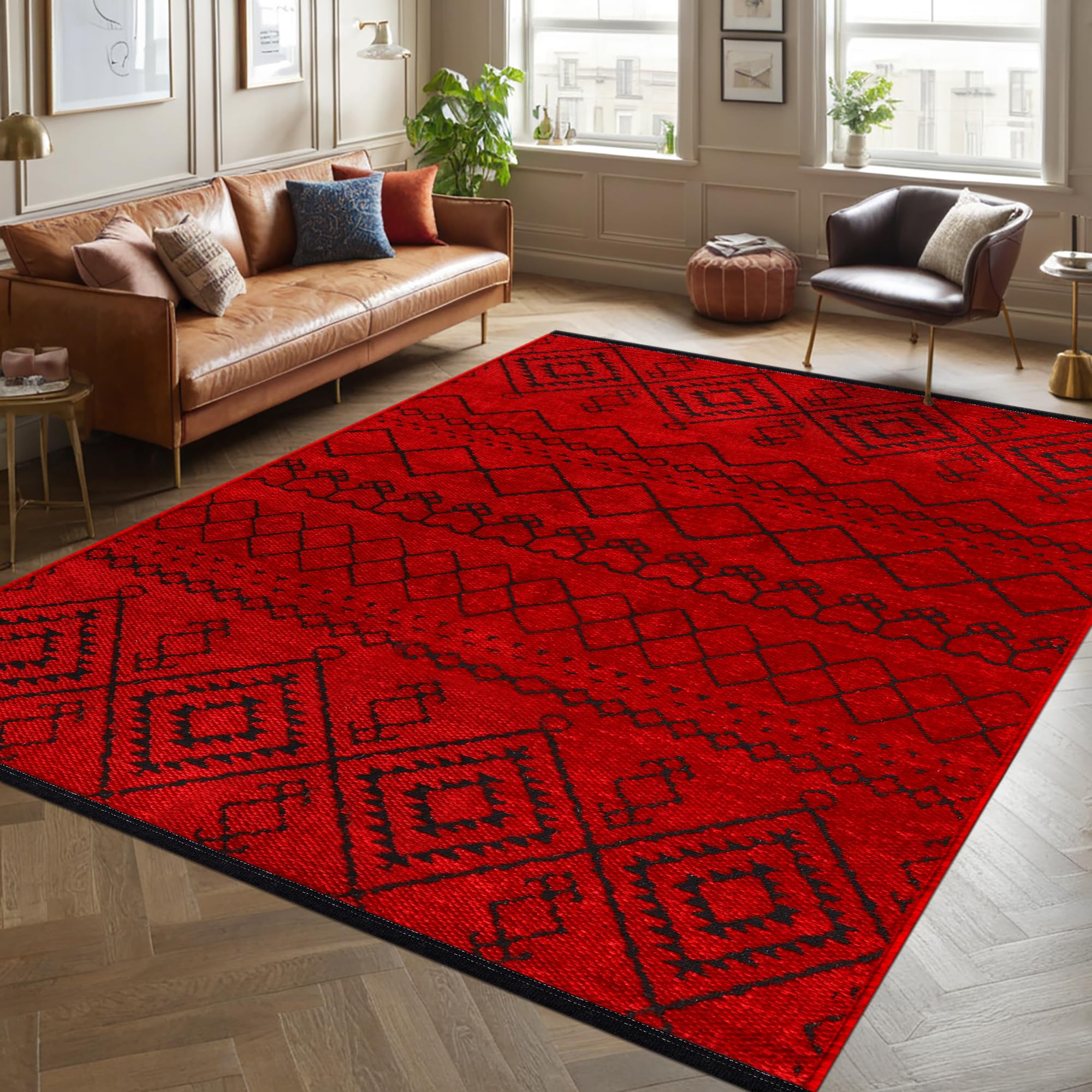 Rugs Living Room - Machine Washable Rug, Low Pile Non-Slip Area Rug - Area Rugs for Livingroom Bedroom Kitchen - Pet Friendly Carpet, Modern Room Decor (Red, 120X180)