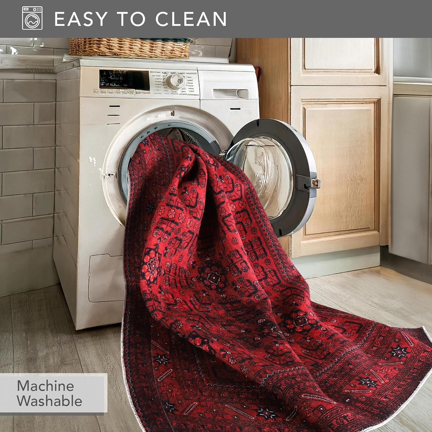 Rugs Living Room - Washable Rug - Area Rug - Non-Slip Rugs Carpet Woven from Cotton - Vintage Rug for Living Room Bedroom Kitchen - Kid and Pet Friendly (RED RUG, 80X150 CM)