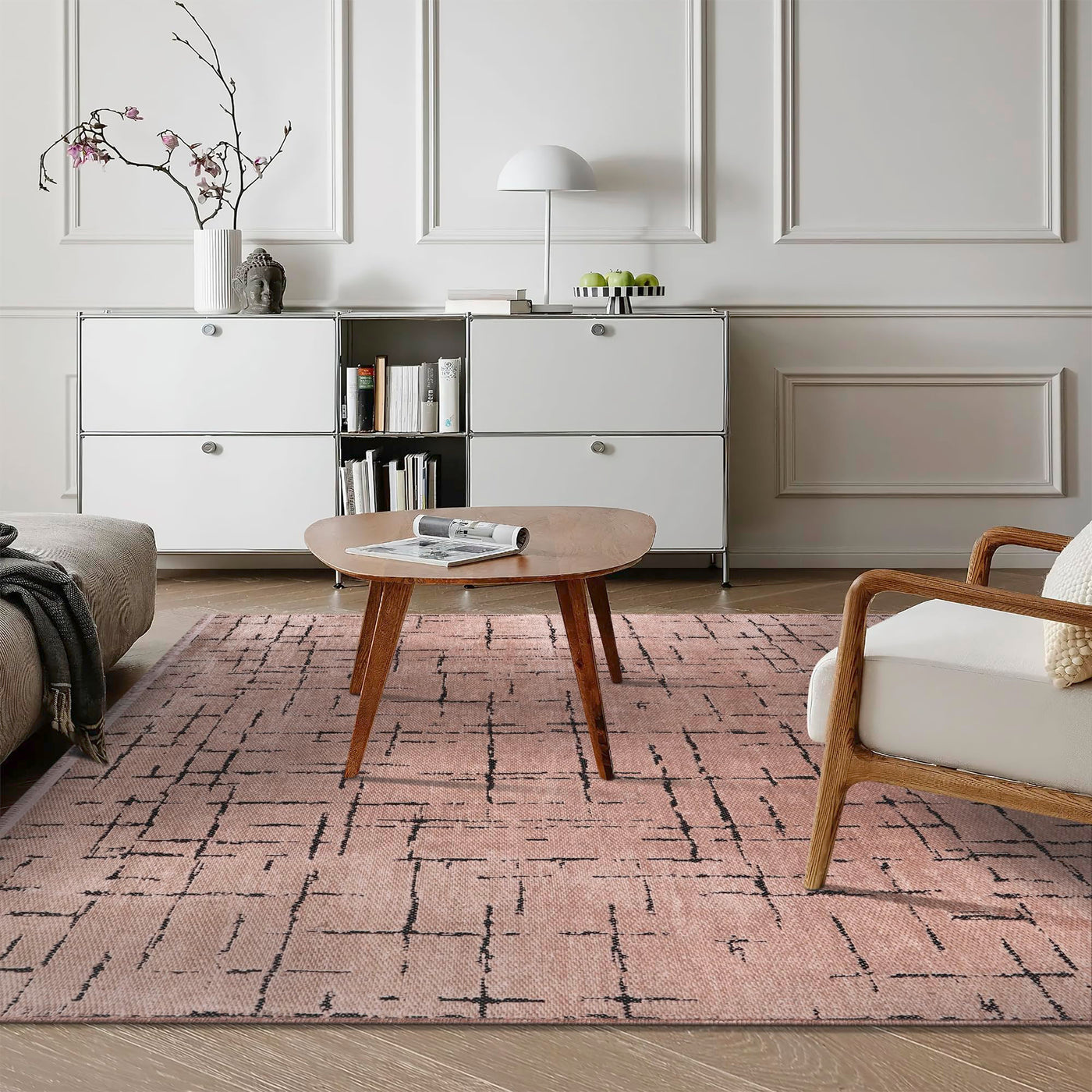 Red machine washable chenille runner rug by Netline Home, soft low pile non-slip area rug for living room or hallway.