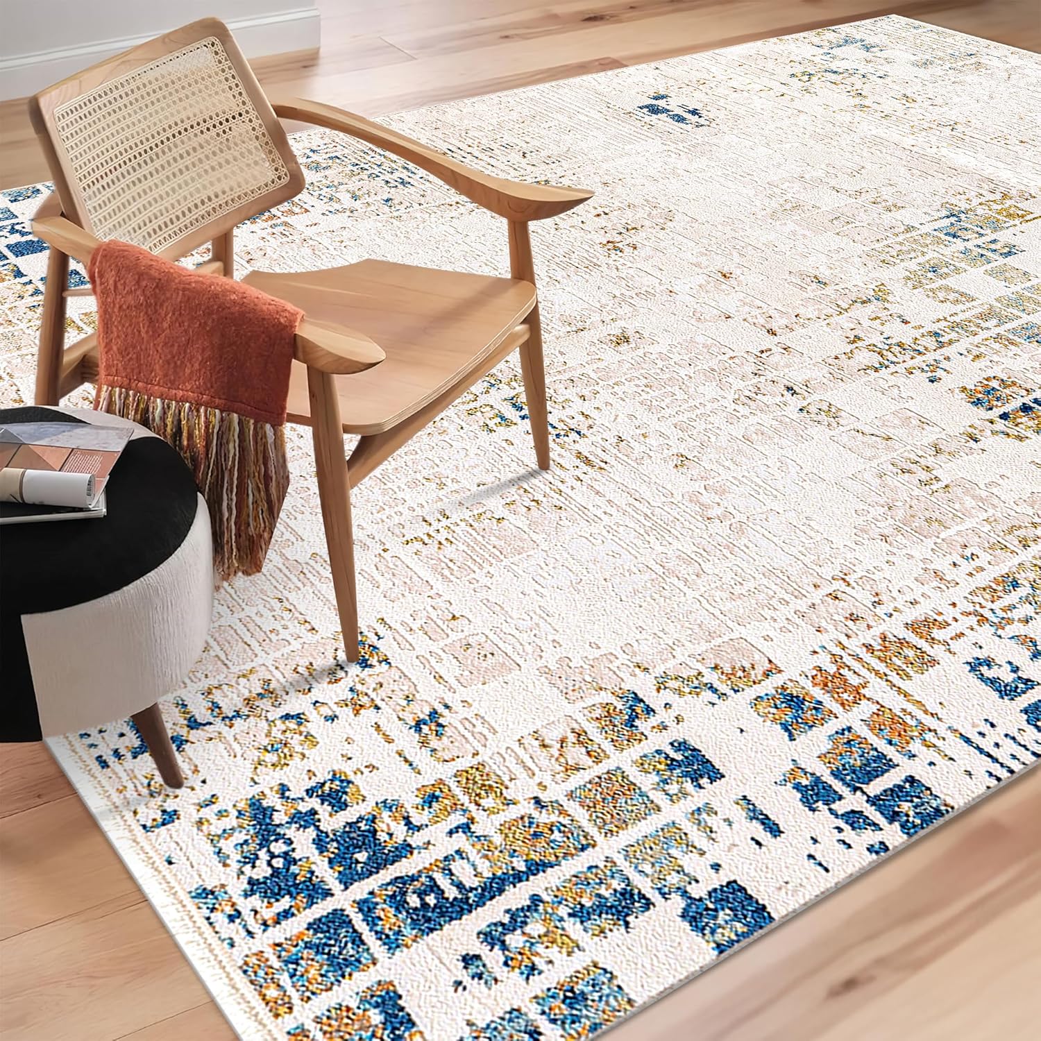 Beige and blue bohemian style area rug for living room, bedroom, or hallway, featuring soft, durable low pile carpet design.