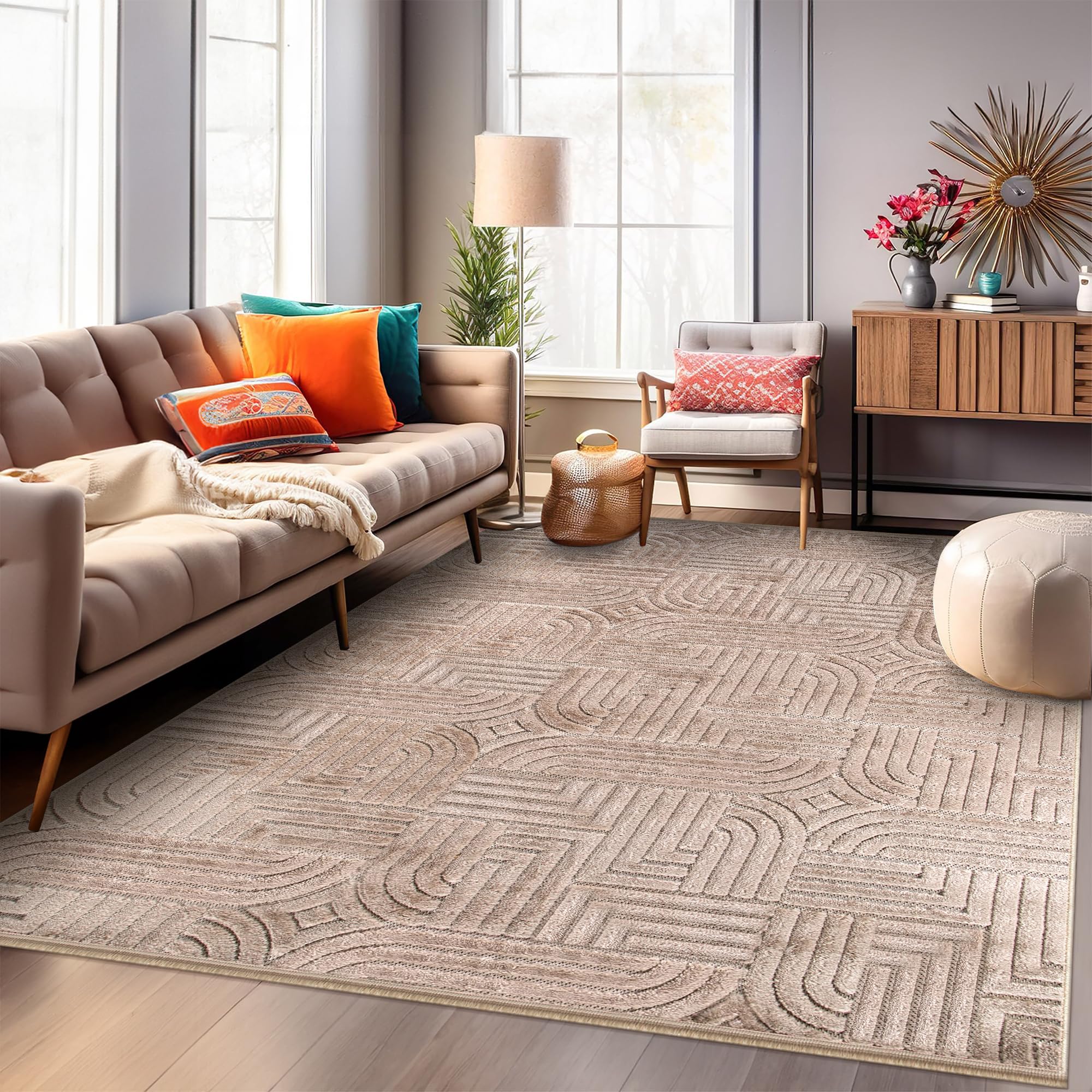Area Rug for Living Room β Modern Textured Polypropylene Carpet | Non-Shedding, Medium Pile Geometric Rug for Bedroom, Dining Room & Home Decor (TAUPE, 120X180)