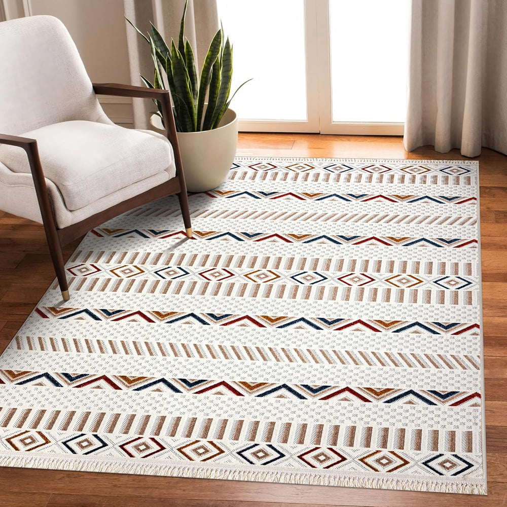 Beige bohemian style area rug by Netline Home, soft and durable low pile design ideal for living rooms, bedrooms, and hallways.