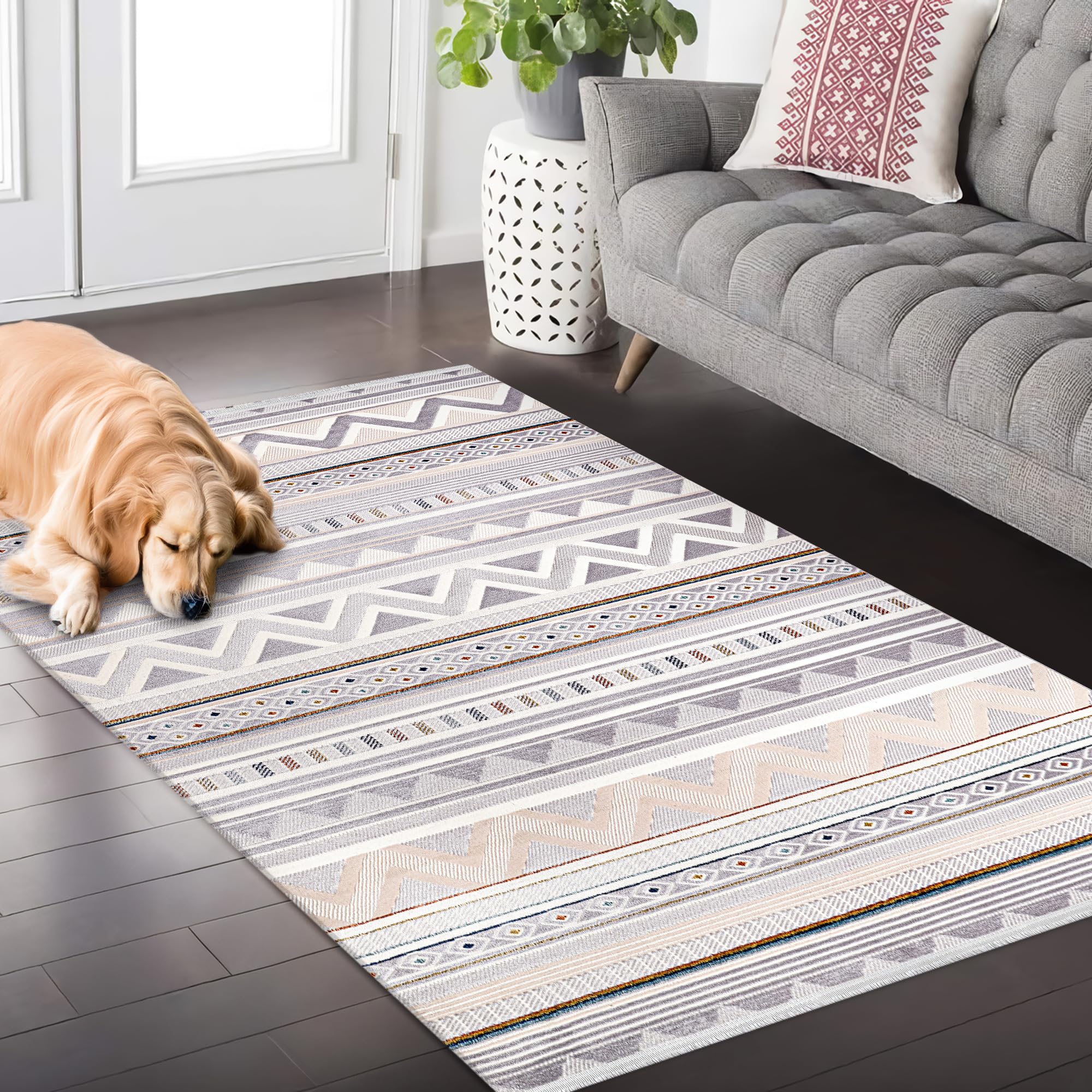 Area Rug for Living Room, Bedroom, Kitchen & Hallway β Low Pile Carpet β Bohemian, Contemporary, Scandinavian Style β Soft & Durable Beige, Gray, Blue Ivory Rug (BEIGE - BLUE, 200X290)