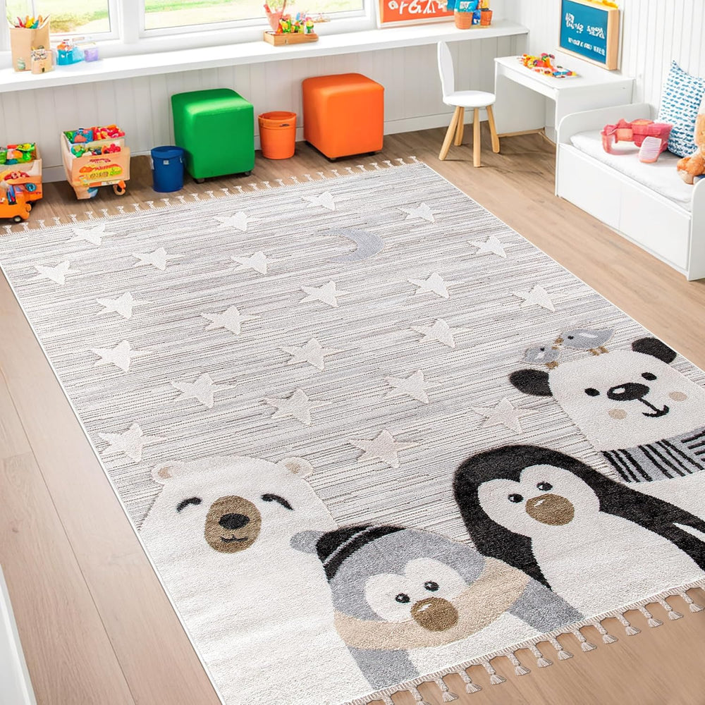 Soft gray kids' rug by Netline Home with playful cartoon designs, non-shedding, hypoallergenic, pet-friendly, durable area rug.