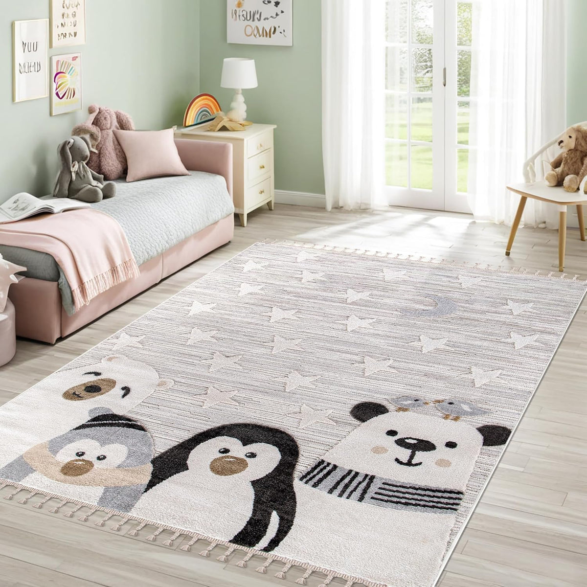 Kids rug by Netline Home featuring soft gray cartoon designs, perfect for children's rooms and nurseries, durable and hypoallergenic.