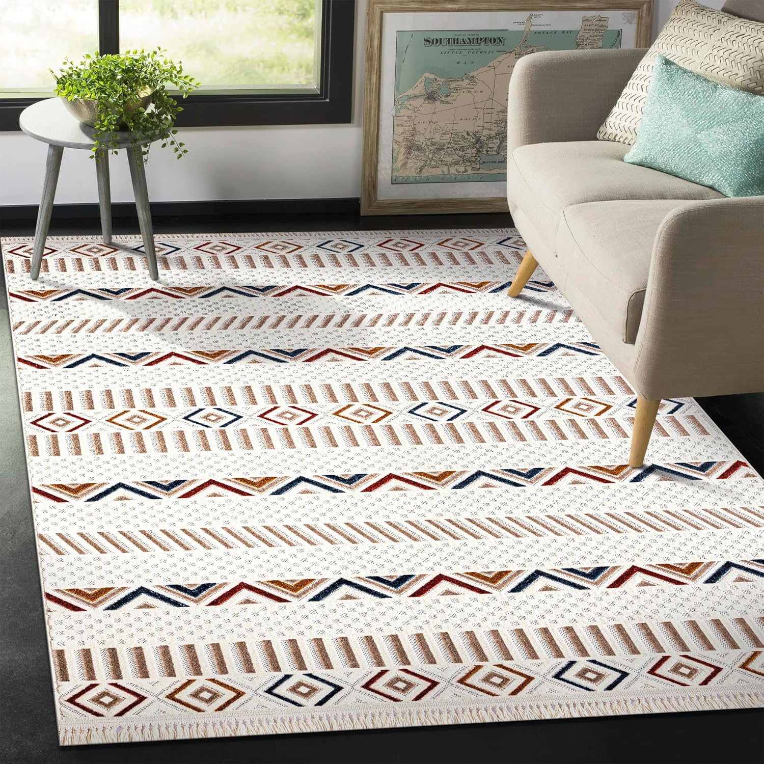 Area Rug for Living Room, Bedroom & Hallway β Soft & Durable Low Pile Area Rugs β Bohemian, Aztec & Boho Style β Pet & Kid-Friendly, Ideal for High-Traffic Areas (BEIGE, 120X180)