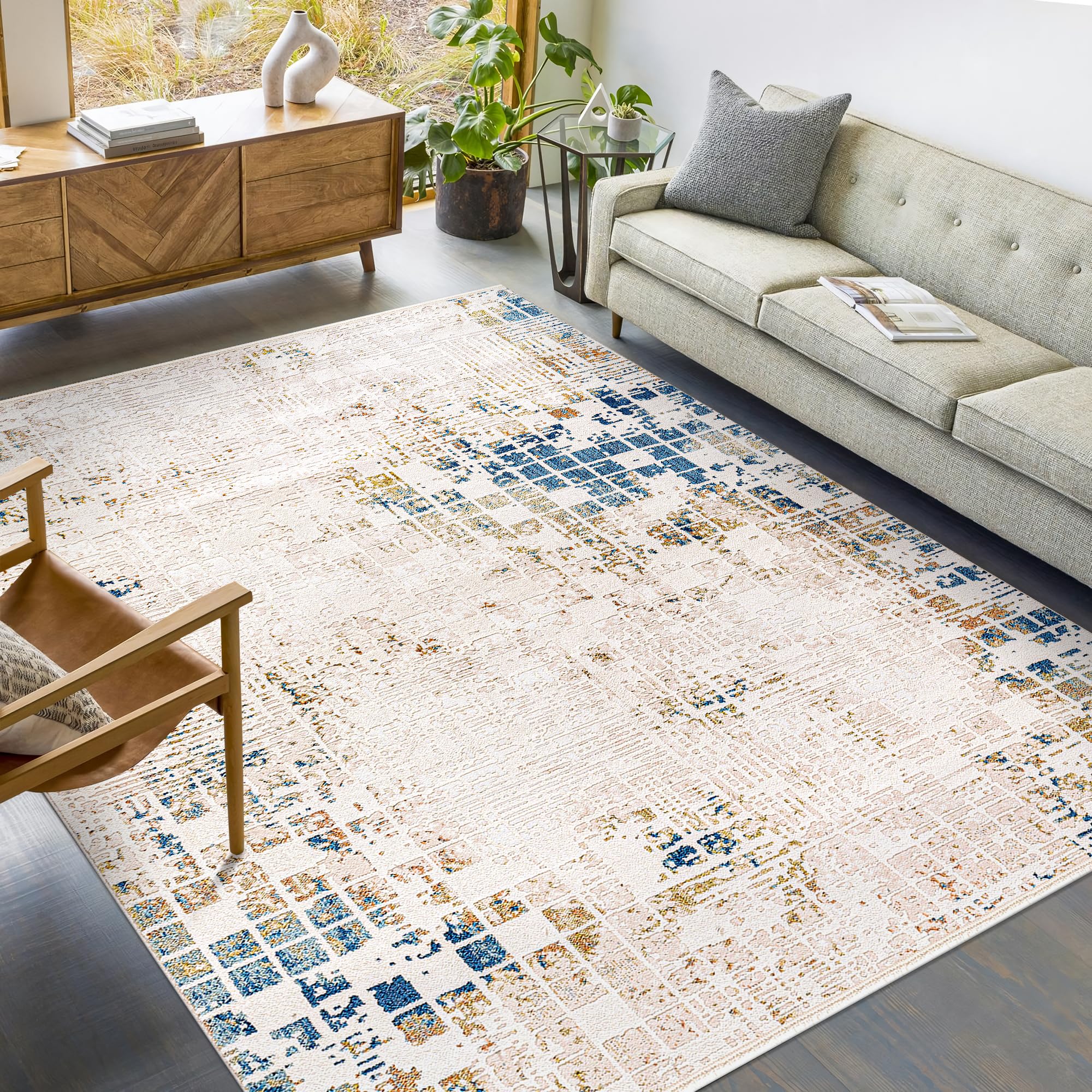 Area Rug for Living Room, Bedroom, Kitchen & Hallway β Low Pile Carpet β Bohemian, Contemporary, Scandinavian Style β Soft & Durable Beige, Gray, Blue Ivory Rug (BEIGE - BLUE, 200X290)