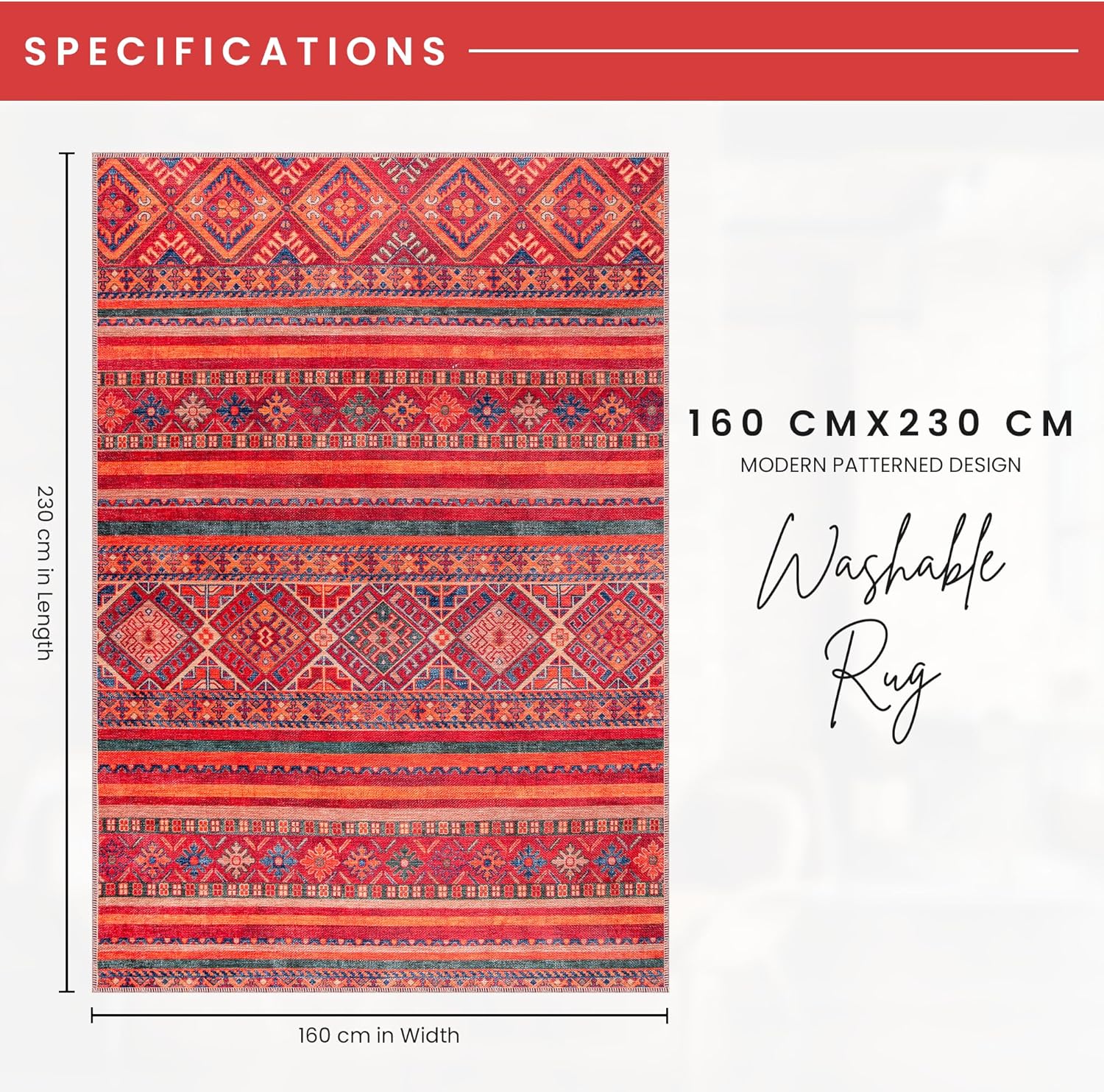 Netline Home Rugs Depot 1322K – Machine Washable Red Tribal Kilim Rug | Multicolor Geometric Striped Carpet for Living Room, Bedroom & Dining