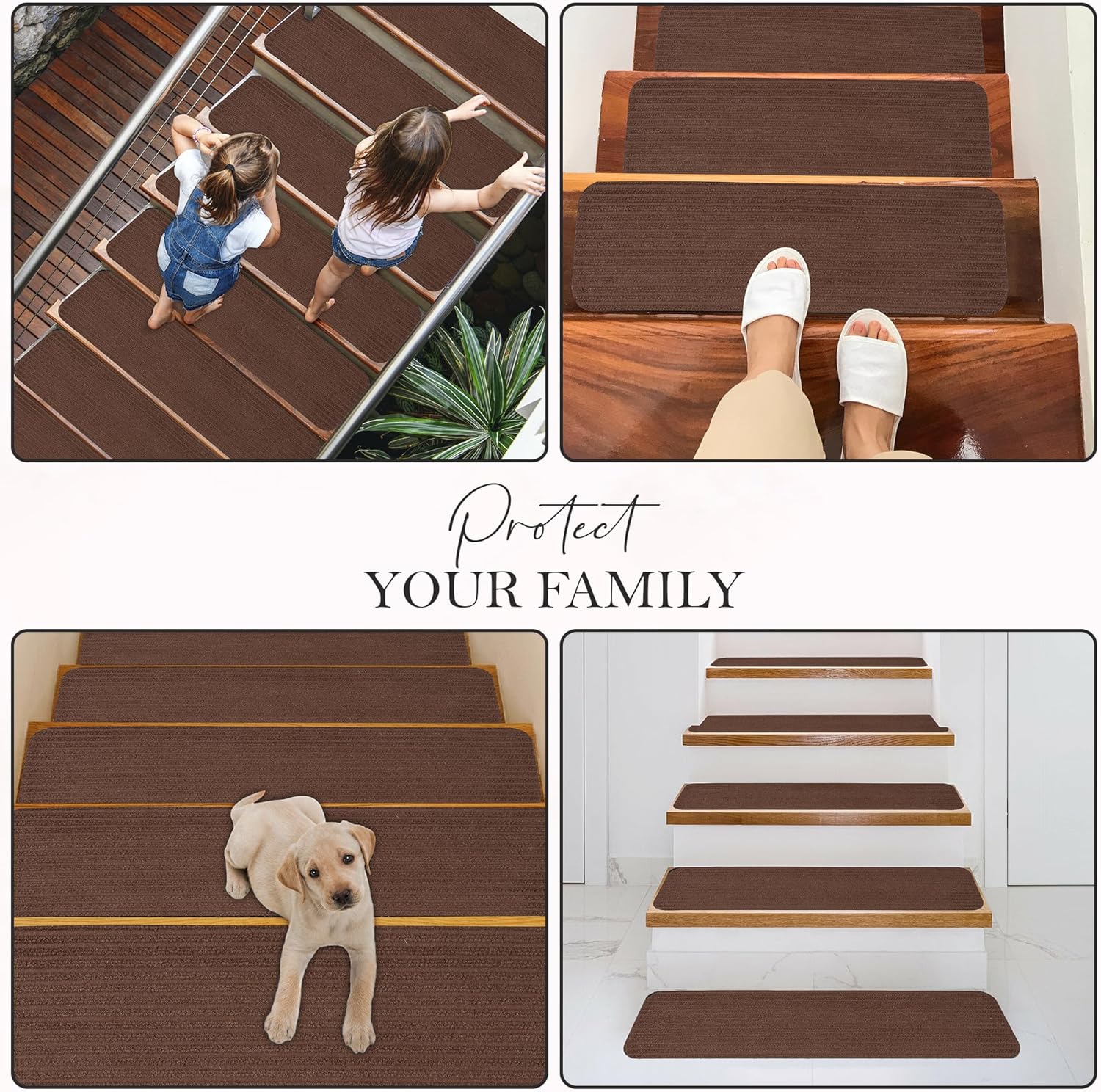 Non-Slip Carpet Stair Treads (7 Pack) - Easy Installation - Safety Protection Anti-Skid Rug Pads for Kids and Pets - Self-Adhesive Step Mats for Stairs β 20 x 76 cm (7, BROWN)