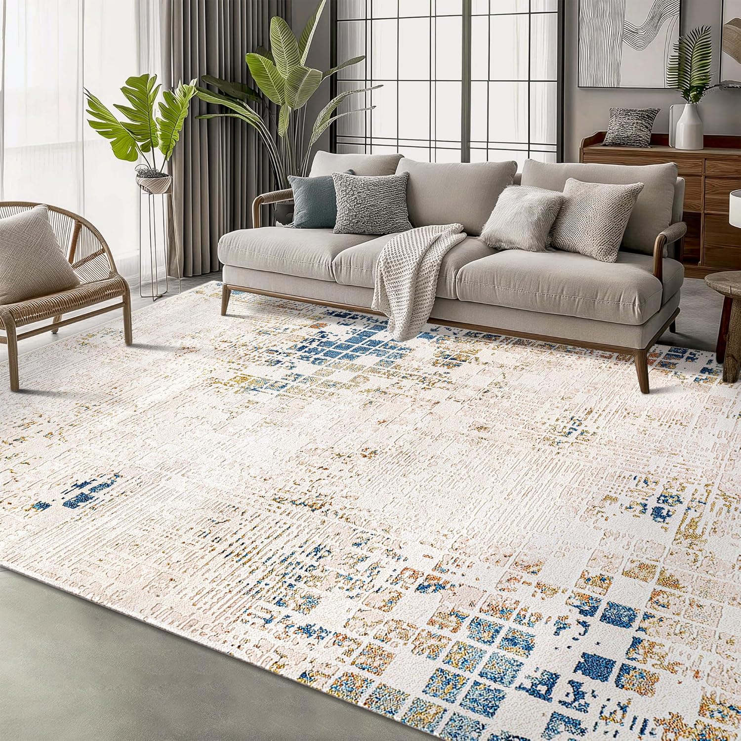 Area Rug for Living Room, Bedroom, Kitchen & Hallway β Low Pile Carpet β Bohemian, Contemporary, Scandinavian Style β Soft & Durable Beige, Gray, Blue Ivory Rug (BEIGE - BLUE, 200X290)