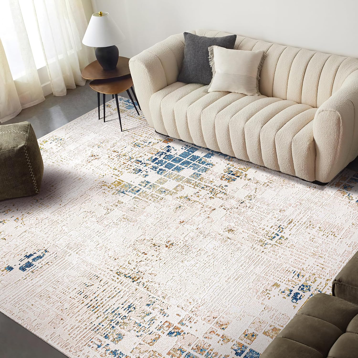Beige and blue bohemian style area rug for living room, bedroom, or hallway, featuring soft, durable low pile carpet from Netline Home.