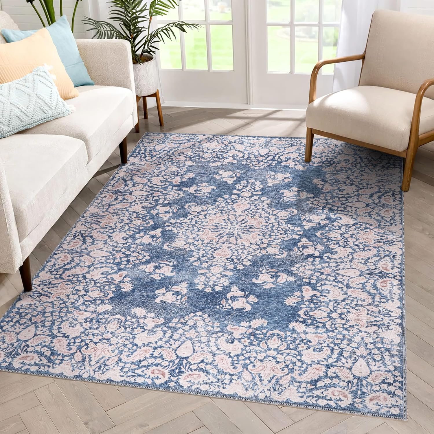Blue vintage runner rug by Netline Home, non-slip, machine washable 4mm low pile carpet for living room, bedroom, and kitchen.