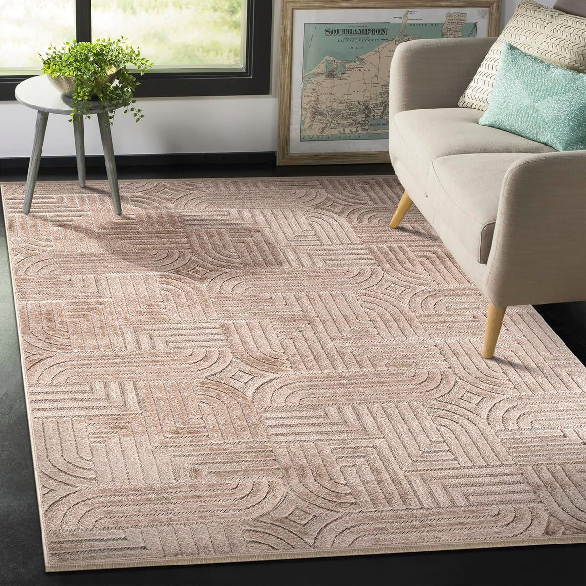 Modern textured polypropylene area rug by Netline Home, 120x180 cm taupe geometric design for living room or bedroom decor.