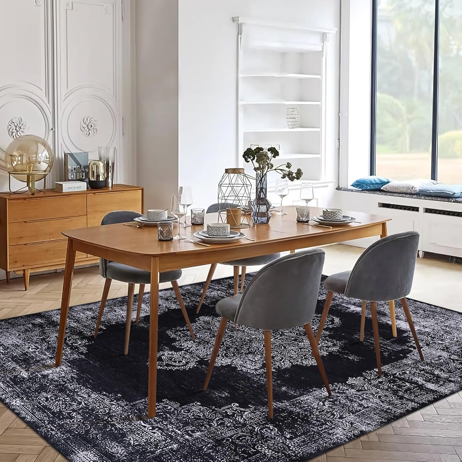 Netline Home Rugs Depot Kilim Black and Gray Medallion Washable Rug Design 1319