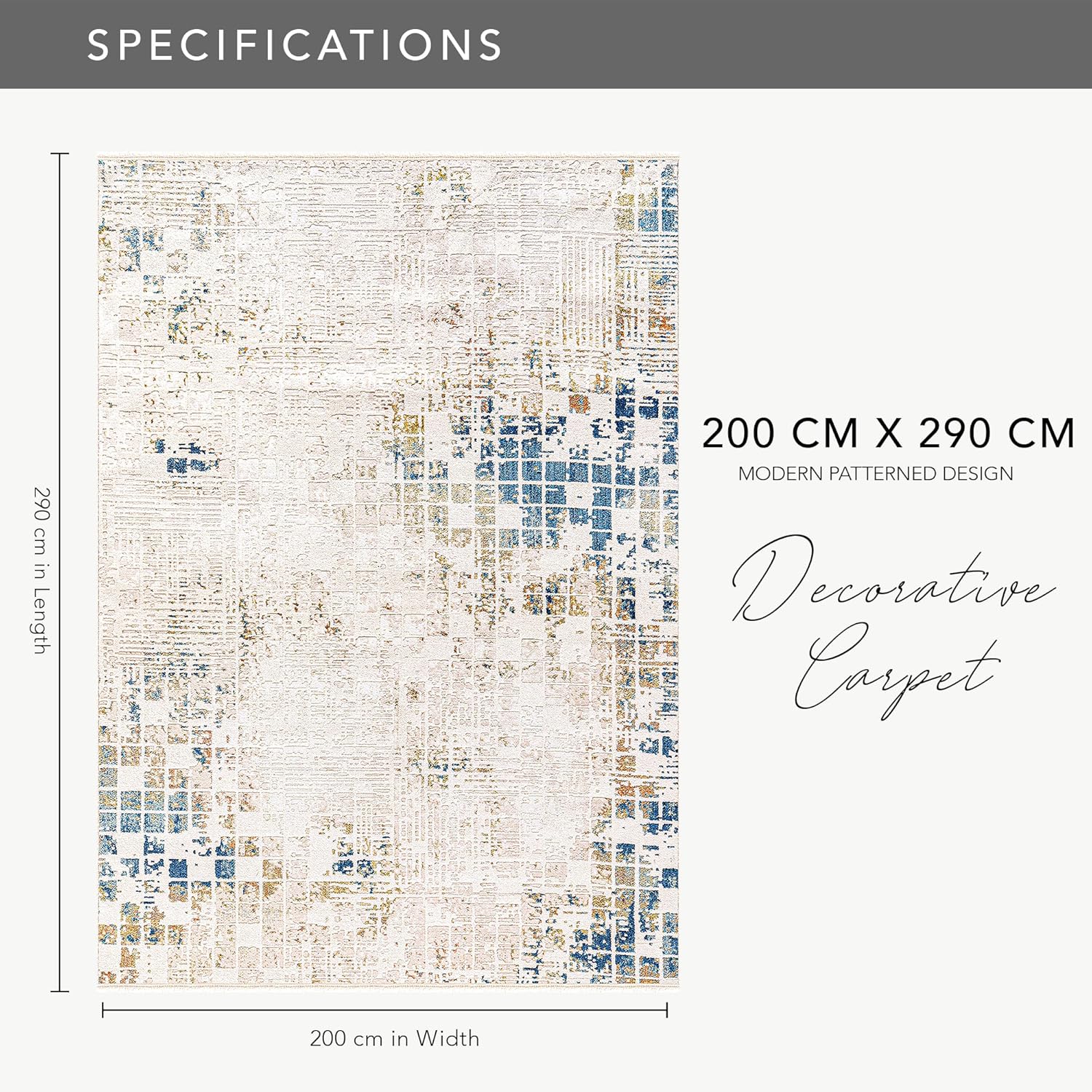 Area Rug for Living Room, Bedroom, Kitchen & Hallway β Low Pile Carpet β Bohemian, Contemporary, Scandinavian Style β Soft & Durable Beige, Gray, Blue Ivory Rug (BEIGE - BLUE, 200X290)