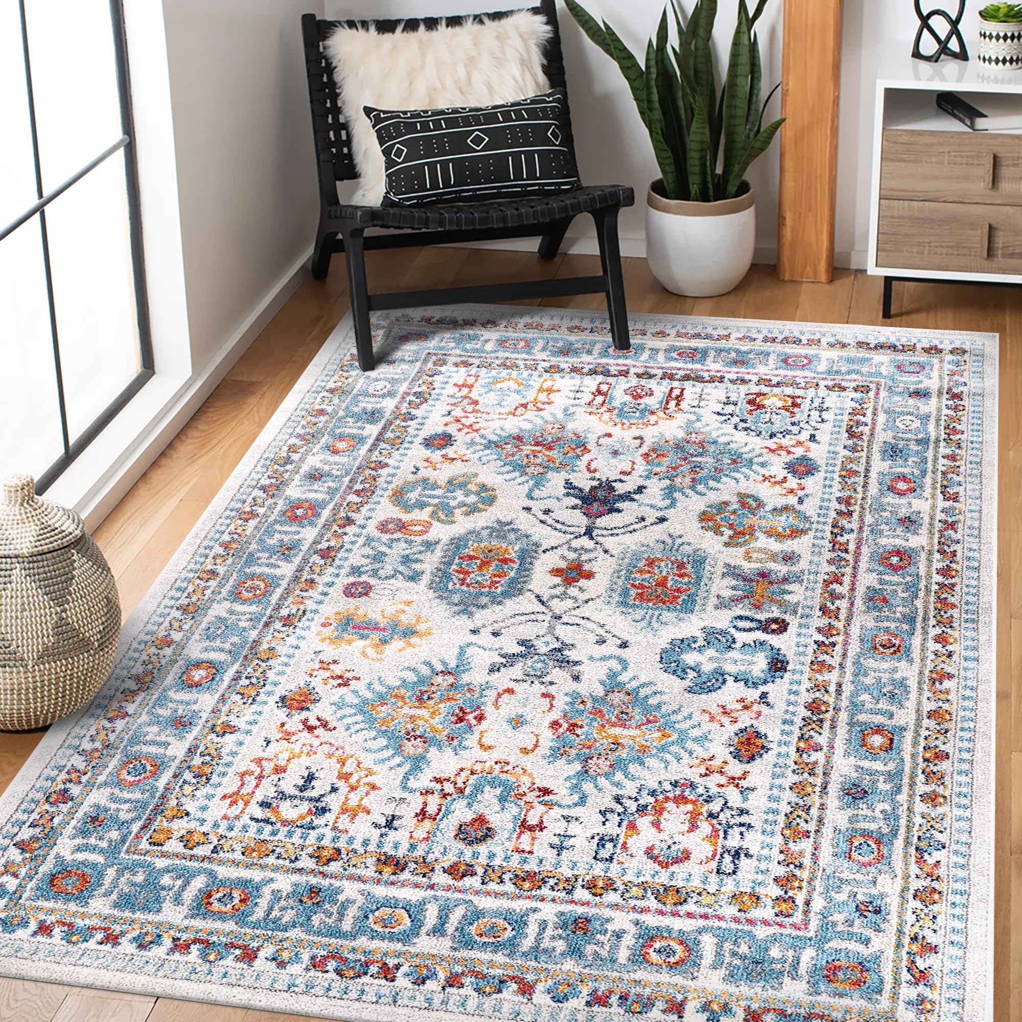 Area Rugs For Living Room, Bedroom, Kitchen, Dining Room | Oriental Design Carpet | Soft Medium Pile | Traditional Vintage Rug | Stain Resistant (Cream Blue, 160X230 CM)