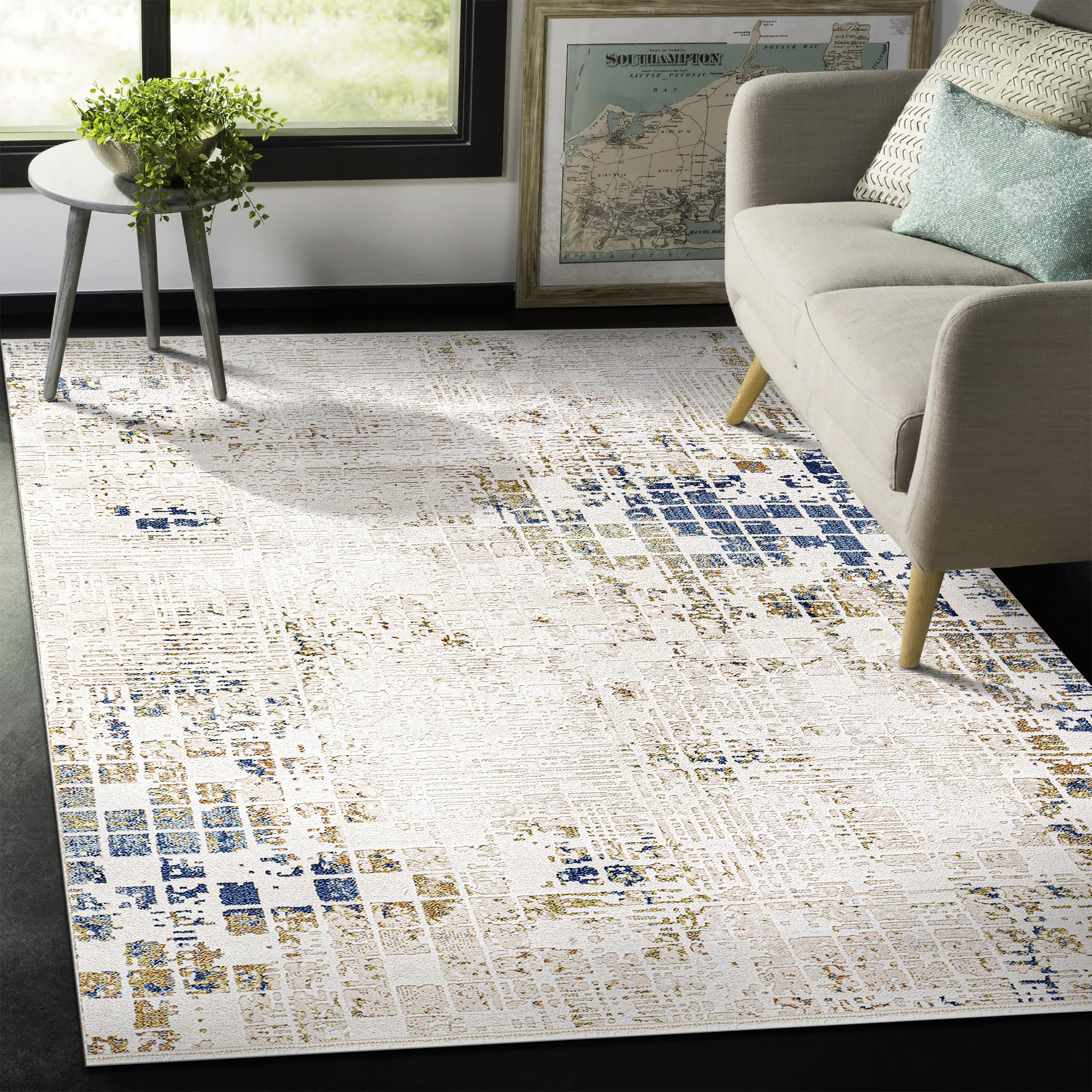 Area Rug for Living Room, Bedroom, Kitchen & Hallway β Low Pile Carpet β Bohemian, Contemporary, Scandinavian Style β Soft & Durable Beige, Gray, Blue Ivory Rug (BEIGE - BLUE, 200X290)