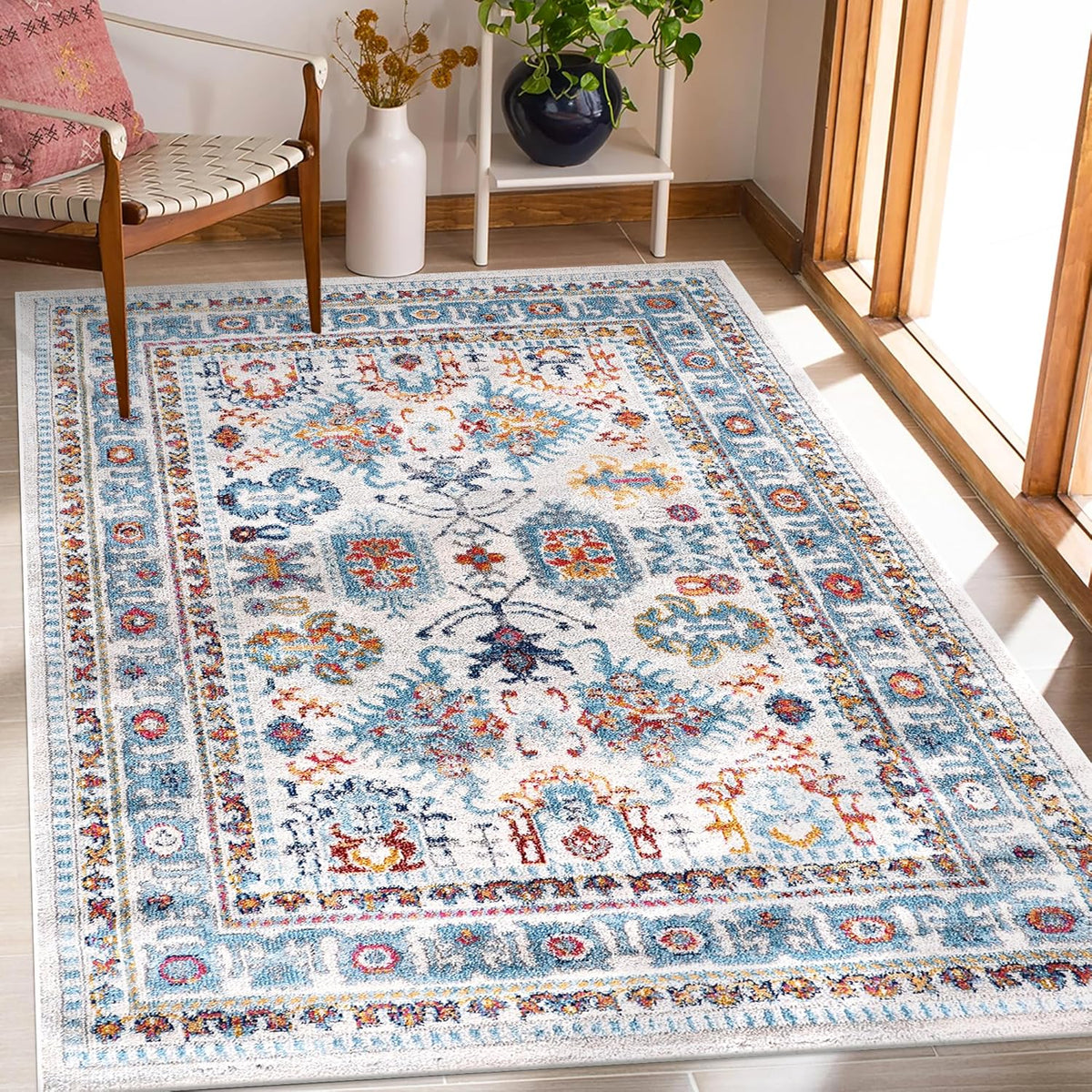 Cream and blue Oriental-style area rug by Netline Home, medium pile, stain-resistant, ideal for living room, bedroom, or dining area.