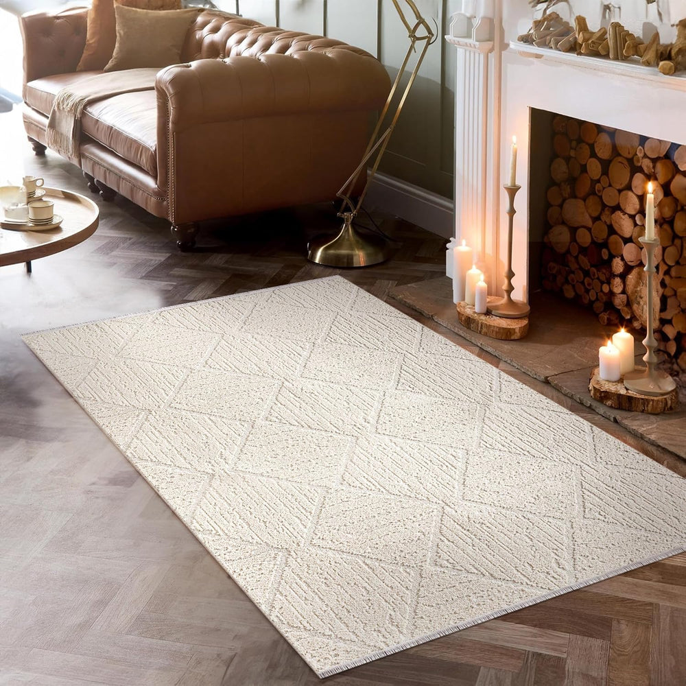 Beige fluffy area rug from Netline Home, 80x150 inches, modern non-shedding carpet for living room, bedroom, or hallway decor.