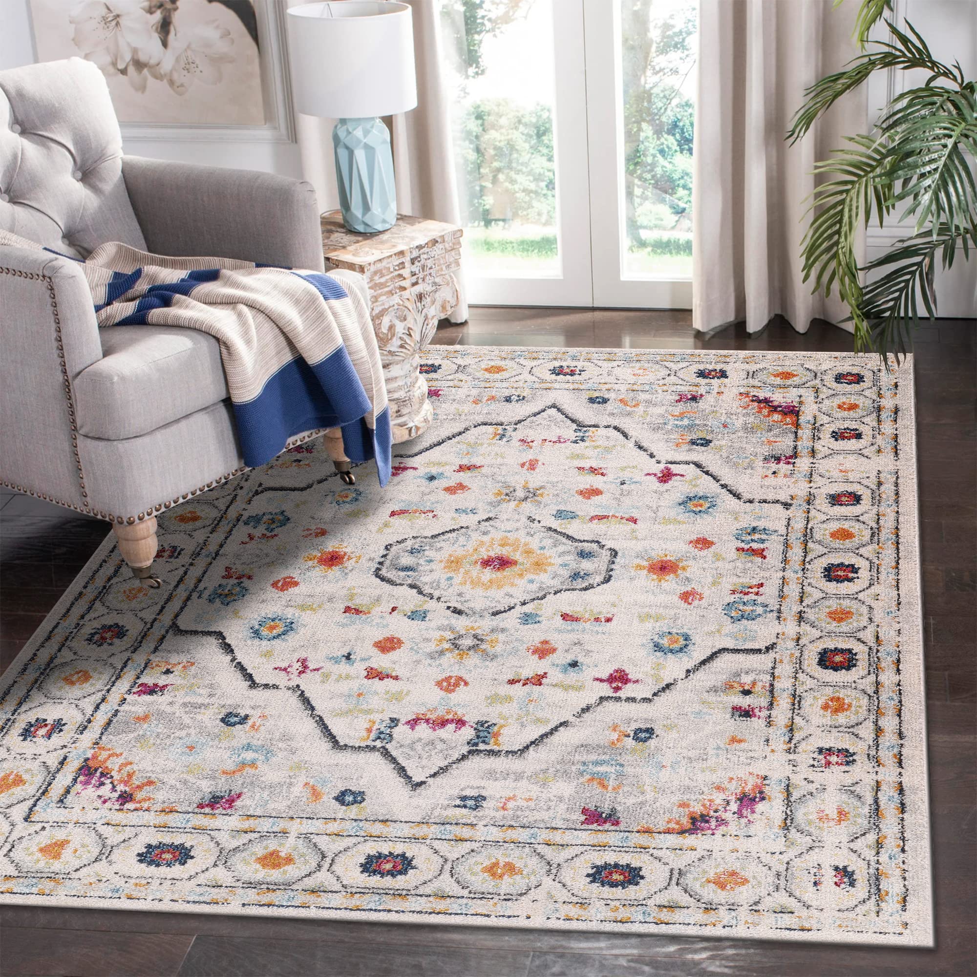 Area Rugs For Living Room, Bedroom, Kitchen, Dining Room | Oriental Design Carpet | Soft Medium Pile | Traditional Vintage Rug | Stain Resistant (Cream Blue, 160X230 CM)