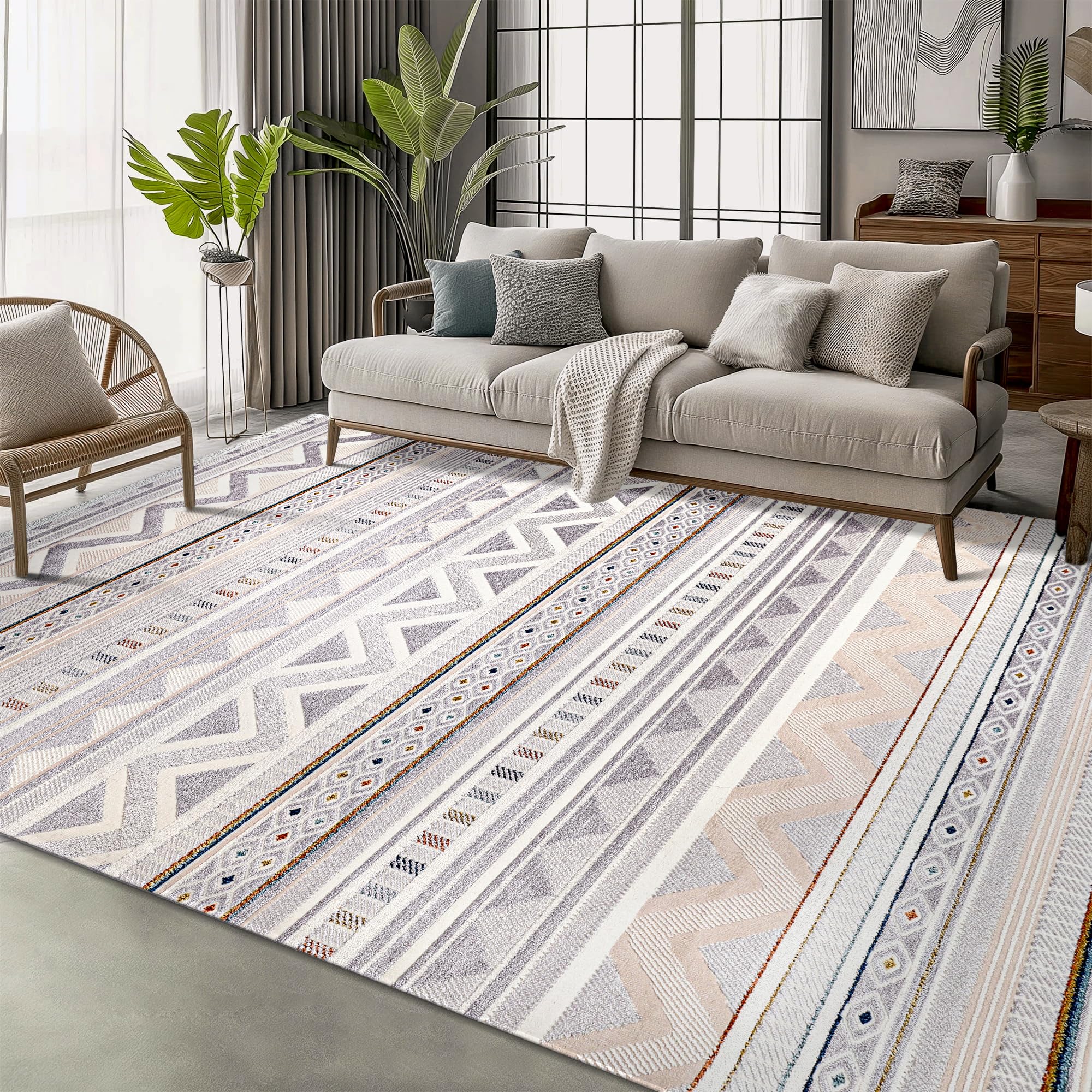 Area Rug for Living Room, Bedroom, Kitchen & Hallway β Low Pile Carpet β Bohemian, Contemporary, Scandinavian Style β Soft & Durable Beige, Gray, Blue Ivory Rug (BEIGE - BLUE, 200X290)