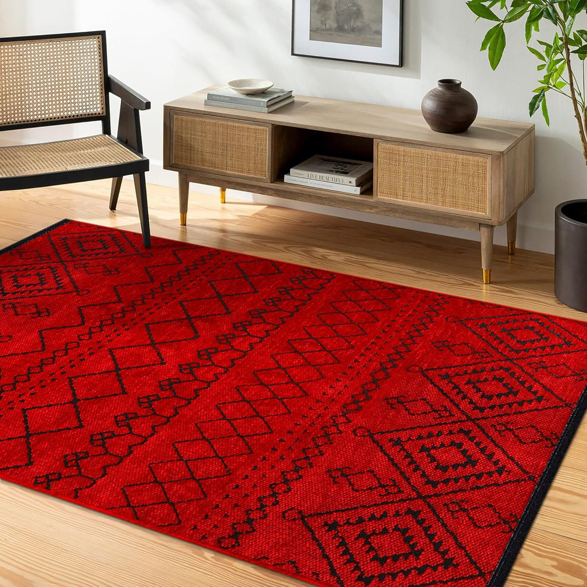 Red machine washable runner rug by Netline Home, low pile non-slip area rug for living room, bedroom, kitchen, pet-friendly decor.