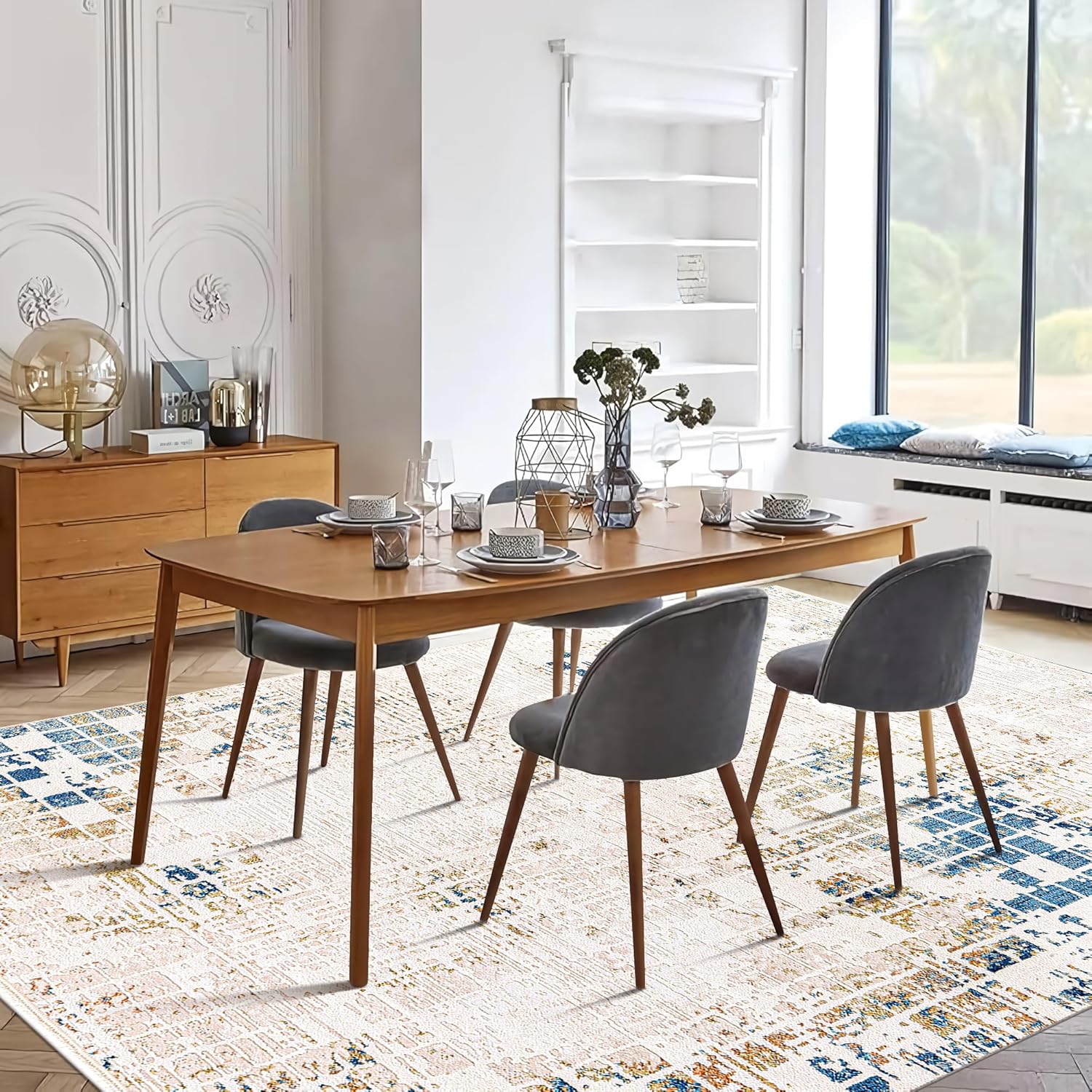 Area Rug for Living Room, Bedroom, Kitchen & Hallway β Low Pile Carpet β Bohemian, Contemporary, Scandinavian Style β Soft & Durable Beige, Gray, Blue Ivory Rug (BEIGE - BLUE, 200X290)