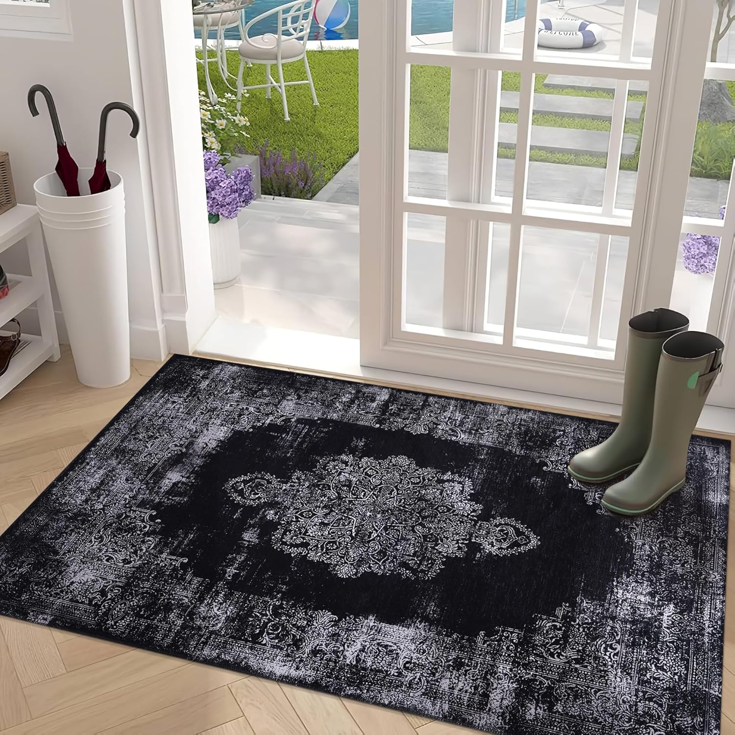 Netline Home Rugs Depot Kilim Black and Gray Medallion Washable Rug Design 1319