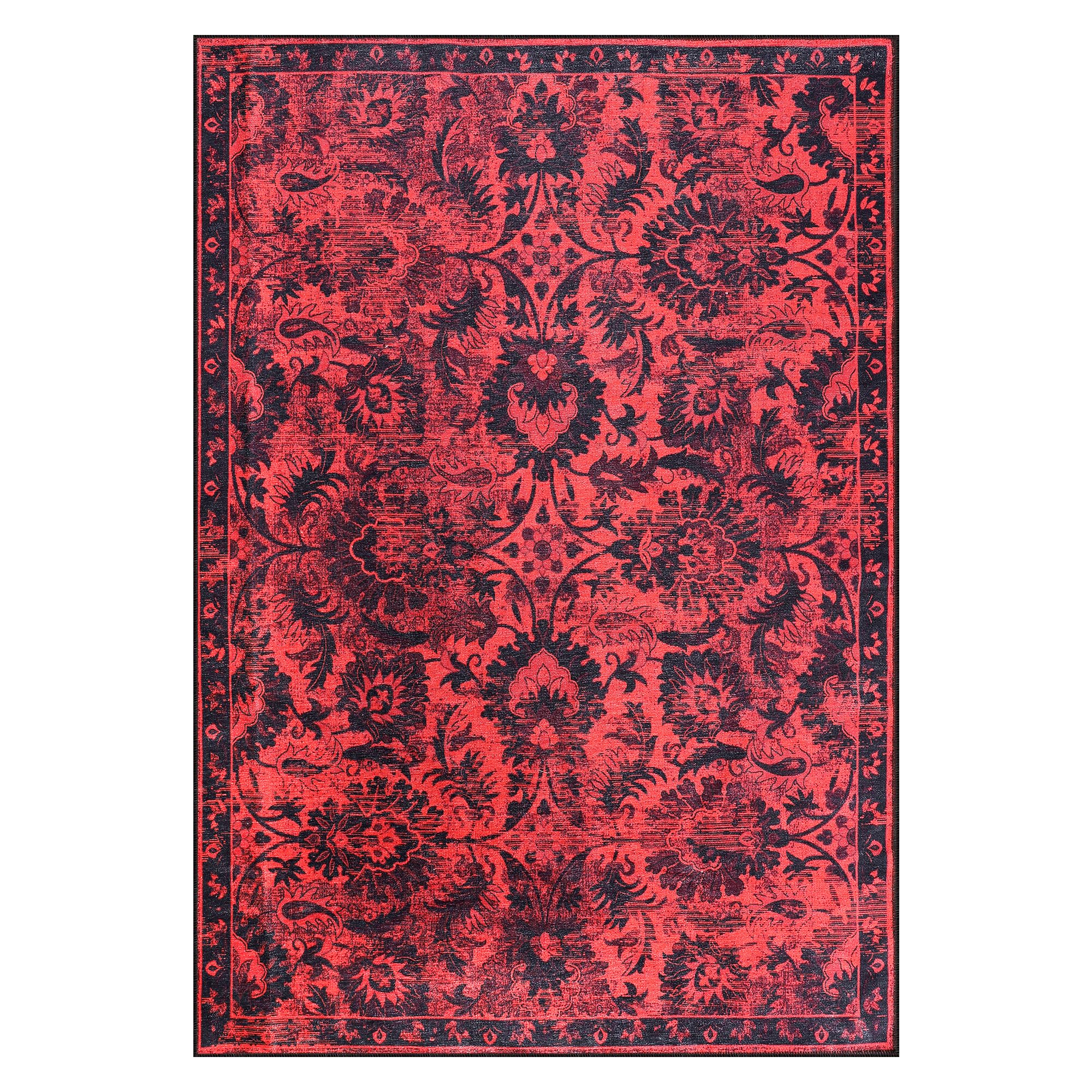 Rugs Living Room - Washable Rug - Area Rug - Non-Slip Rugs Carpet Woven from Cotton - Vintage Rug for Living Room Bedroom Kitchen - Kid and Pet Friendly (RED RUG, 80X150 CM)
