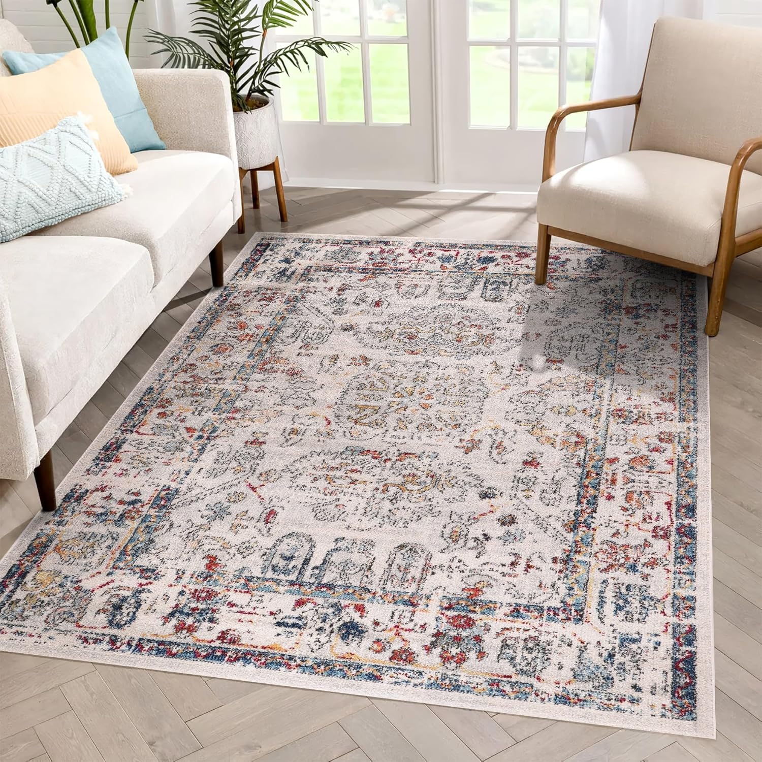 Vintage Area Rug for Living Room | Soft & Durable Carpet, Kid & Pet Friendly | Wilton Woven, Classic Distressed Medallion Design for Bedroom, Hallway & Kitchen (BEIGE, 80X150)