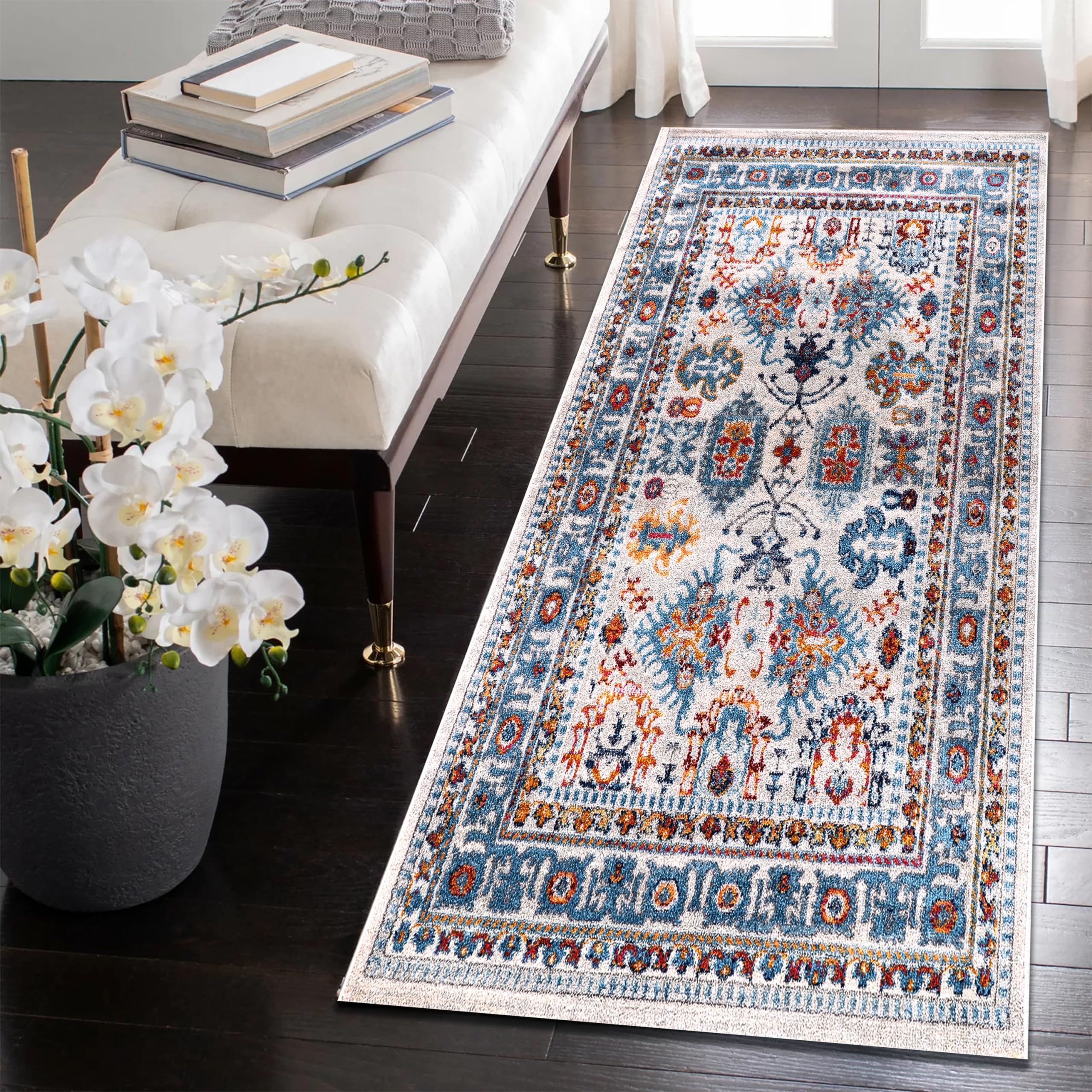 Area Rugs For Living Room, Bedroom, Kitchen, Dining Room | Oriental Design Carpet | Soft Medium Pile | Traditional Vintage Rug | Stain Resistant (Cream Blue, 160X230 CM)