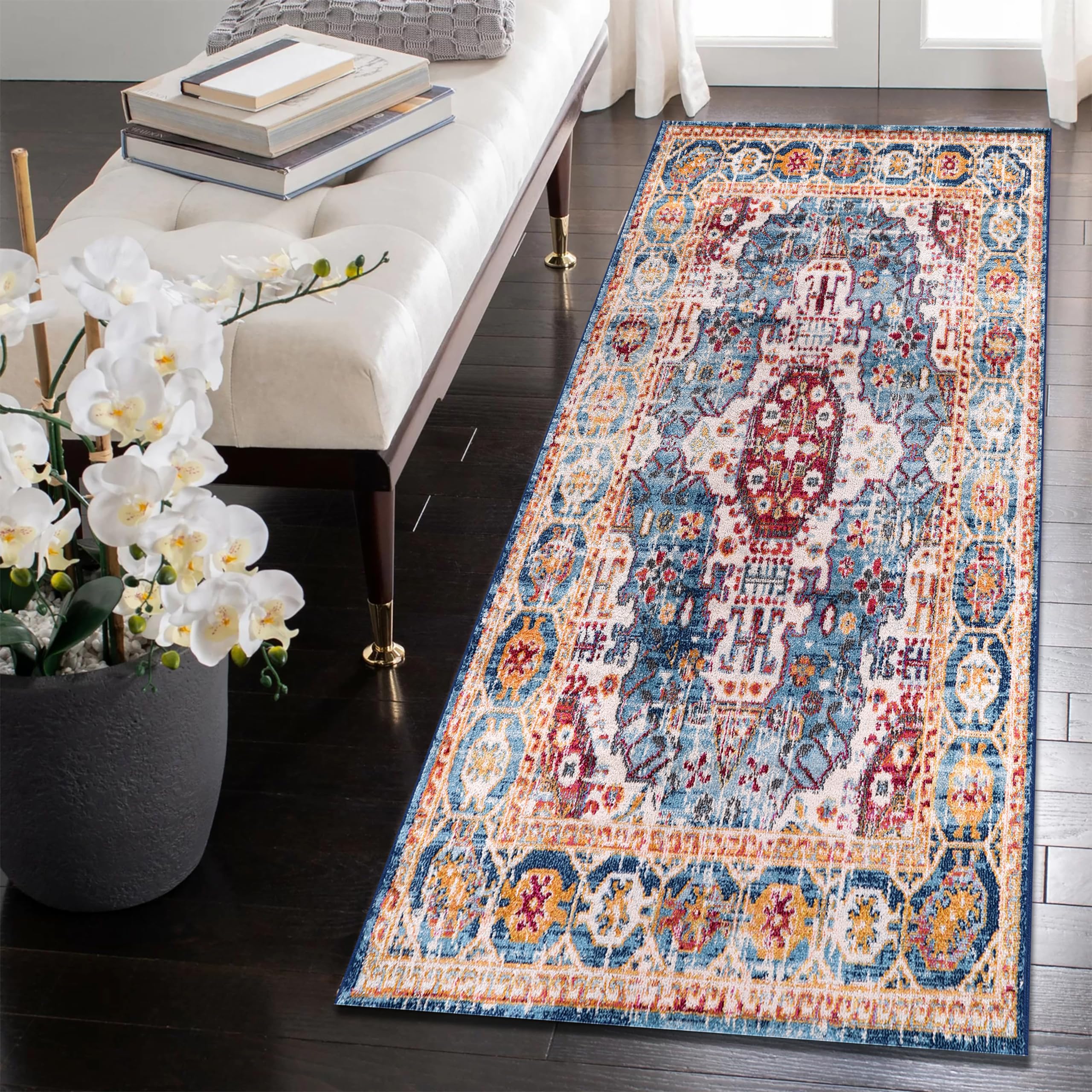 Area Rugs For Living Room, Bedroom, Kitchen, Dining Room | Oriental Design Carpet | Soft Medium Pile | Traditional Vintage Rug | Stain Resistant (Cream Blue, 160X230 CM)