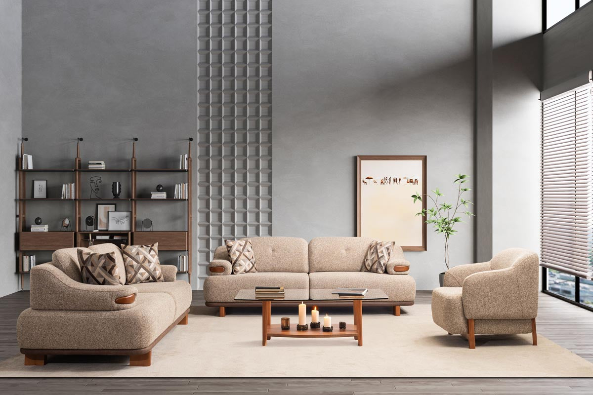 Netline Home Interior Arden sofa set with compact design and smart details, featuring plush cushions and modern fabric upholstery.