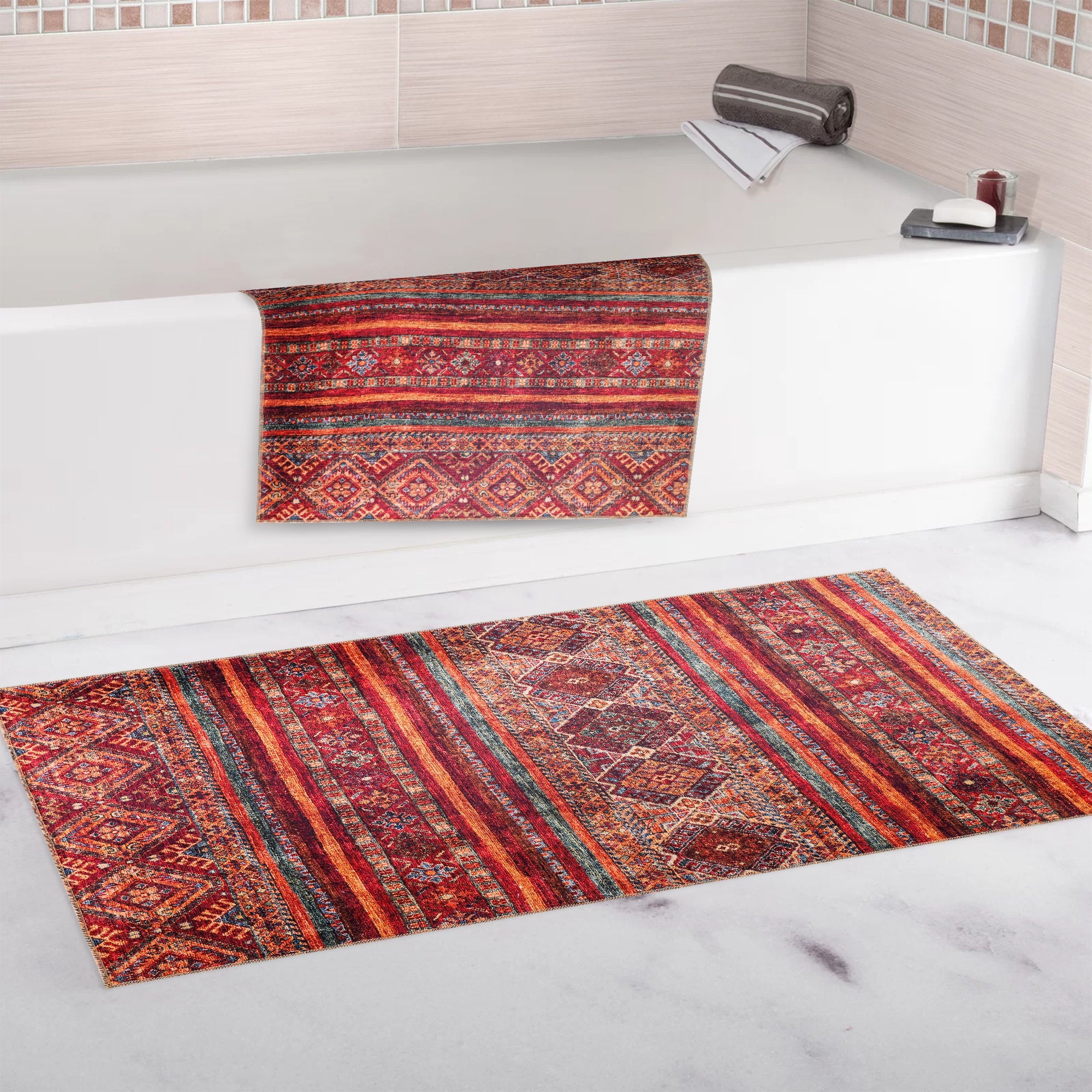 Netline Home Rugs Depot NL1007 – Machine Washable Tribal Diamond Rug | Multicolor Striped Kilim-Inspired Carpet for Living Room, Bedroom & Dining