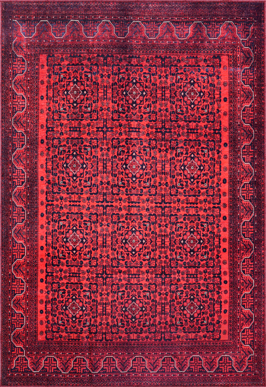 Machine washable Bokhara red rug by Netline Home featuring a classic geometric oriental design, ideal for living rooms and bedrooms.