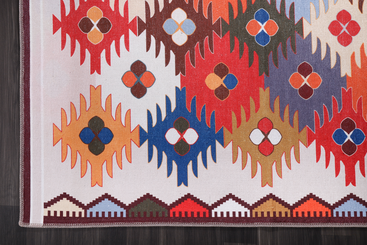 Colorful NH303 washable kilim rug with traditional Anatolian geometric pattern, ideal for living room, bedroom, or dining area.