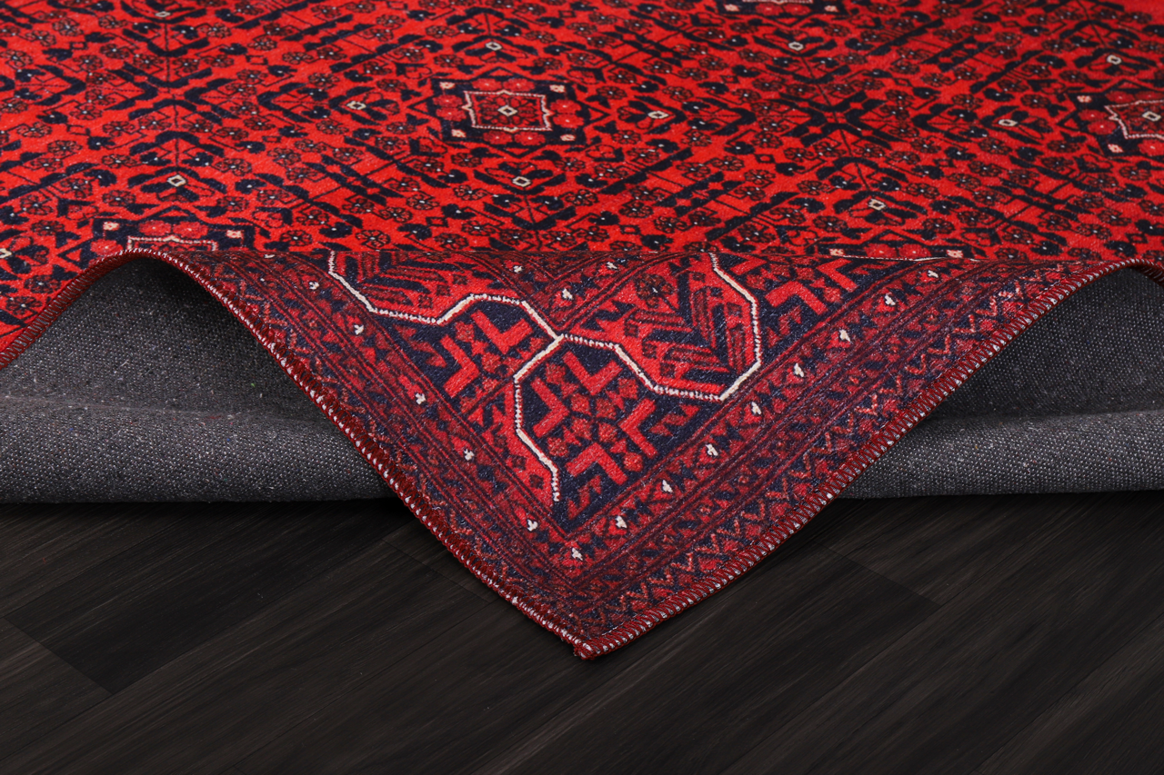 Machine washable Bokhara red rug with geometric oriental pattern by Netline Home, ideal for living room or bedroom decor.