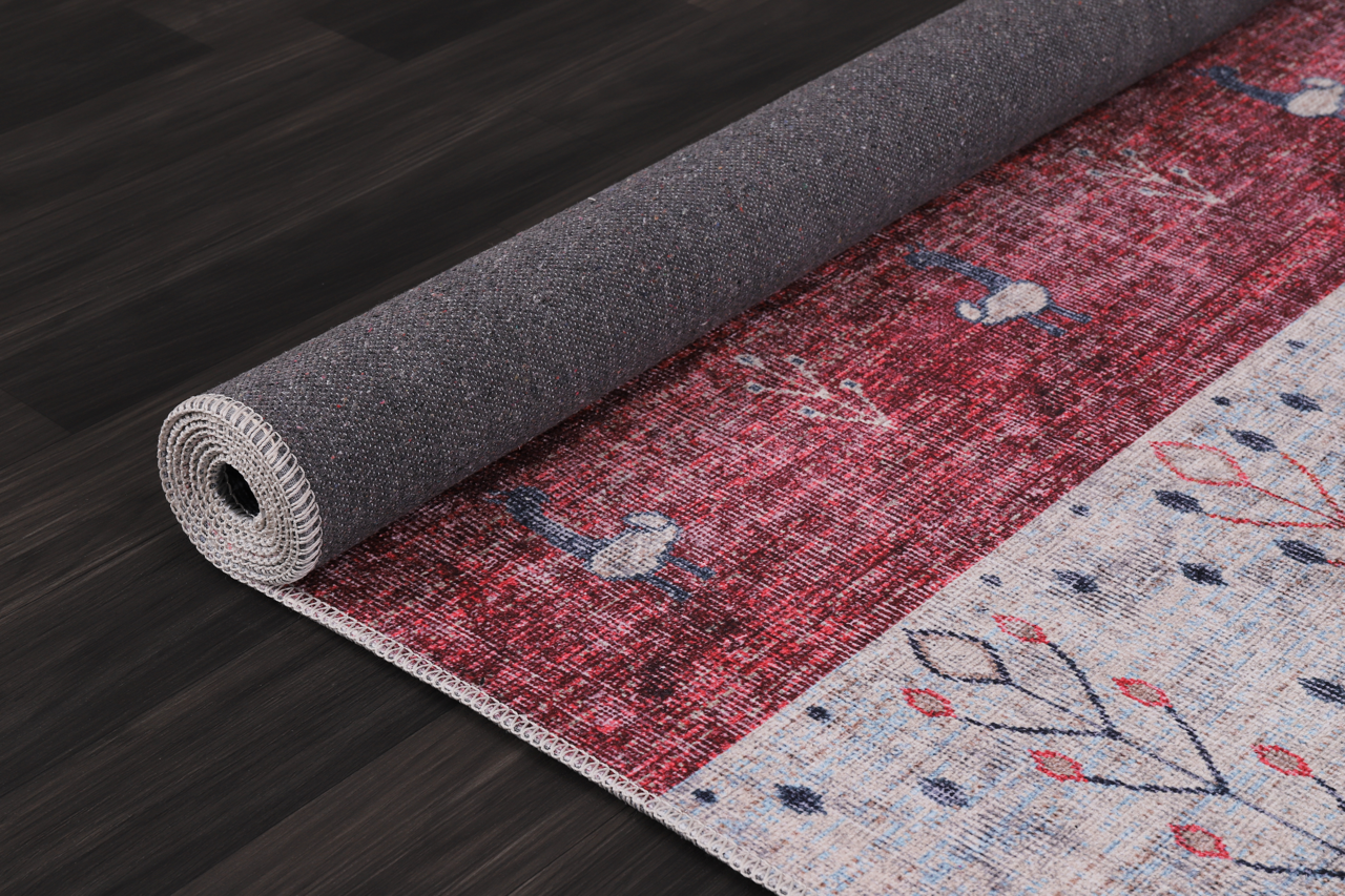 Machine washable Netline Home Gabbeh rug with tribal striped pattern and symbolic motifs, ideal for living room, bedroom, or dining.