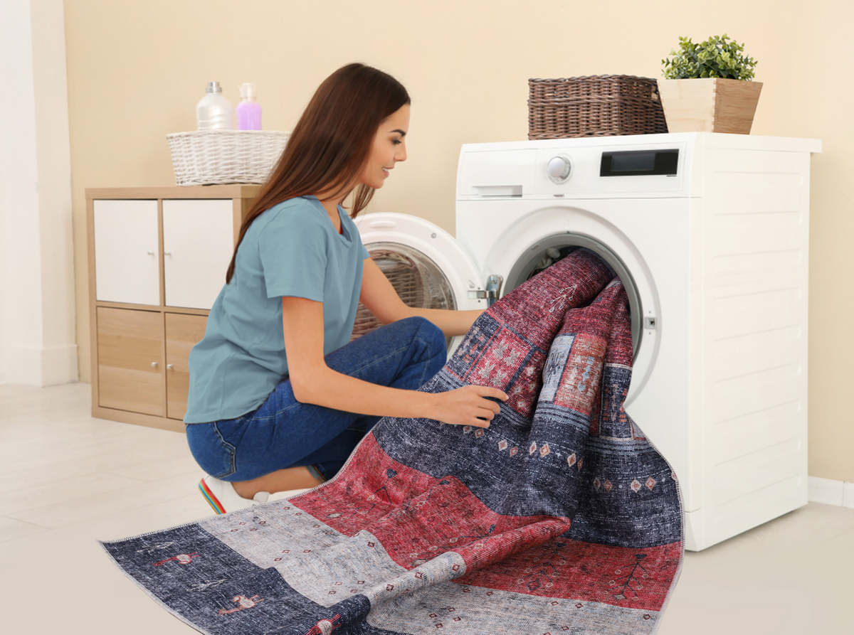 Machine washable Gabbeh rug by Netline Home with tribal striped design and symbolic motifs, ideal for living room, bedroom, or dining area.