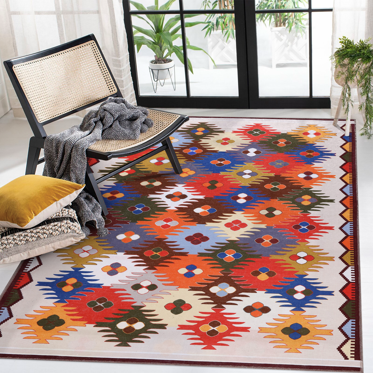 Colorful NH303 washable kilim rug featuring traditional Anatolian geometric pattern for living room, bedroom, or dining space.