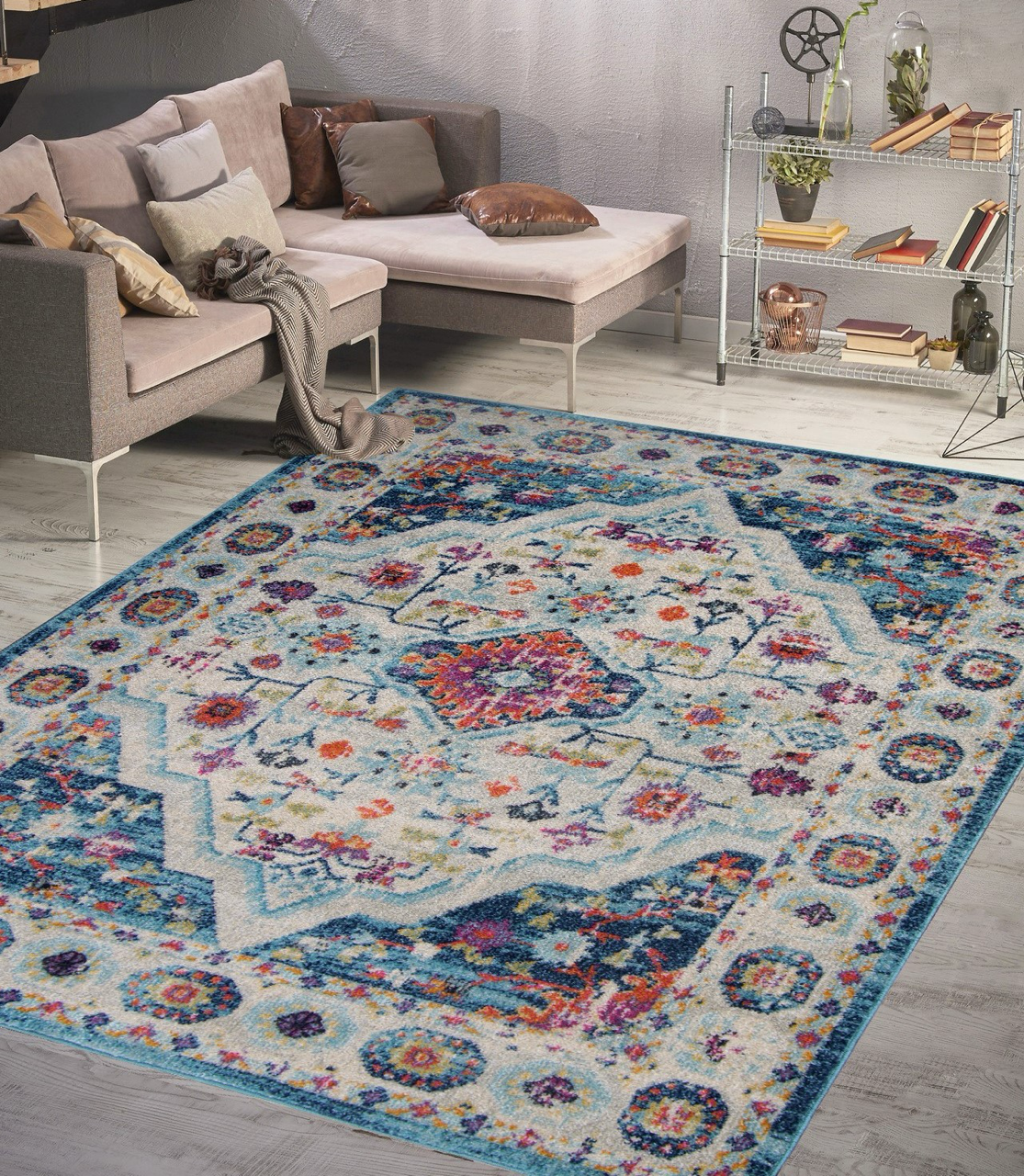 Vintage Area Rug 7657 – Teal Distressed Medallion