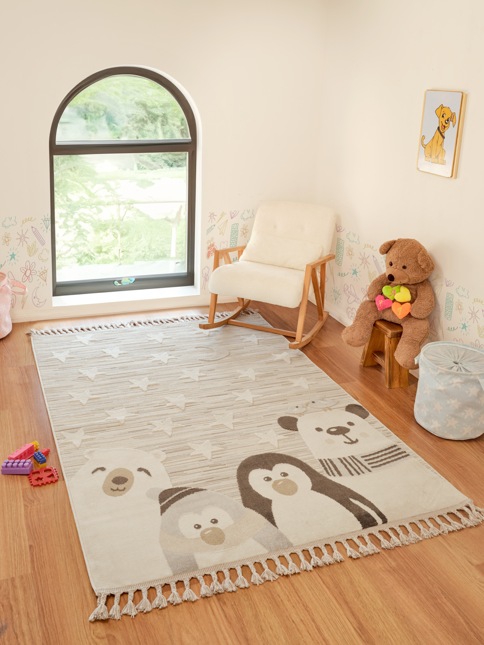 Colorful kids' washable area rug featuring a vibrant multicolor design, made of durable polyester for bedroom, study, or entryway.