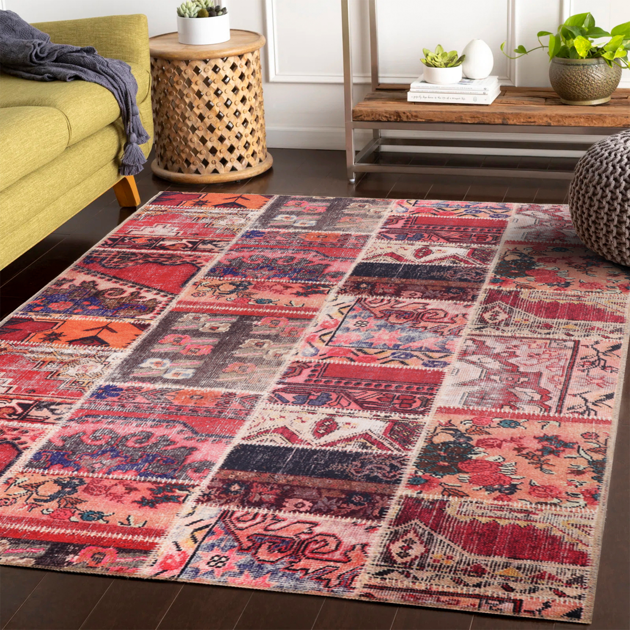Netline Home Rugs Depot Kilim Red Medallion Patchwork Washable Rug Design 1306