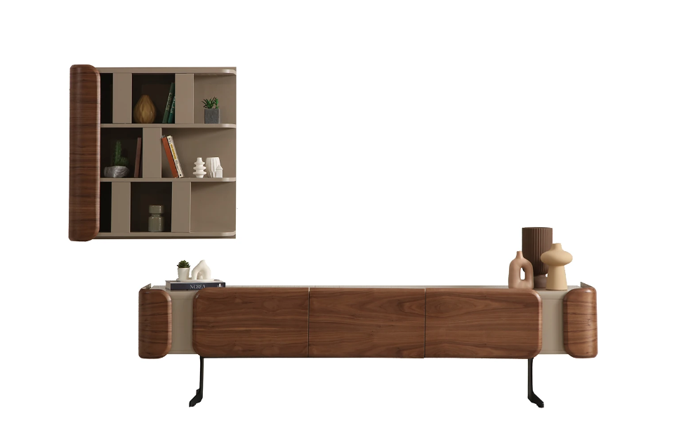 Contemporary Milano TV unit by Netline Home Interior with sleek wooden finish and open shelving for media storage.