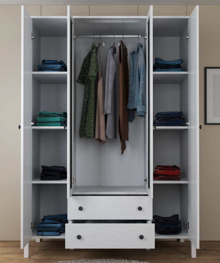 Arvena White Wood 4-Door Mirrored Wardrobe - White Wood Wardrobe Made in Turkey to Order for UK Bedroom Interiors - White Wood wardrobe by Netline Home Interior