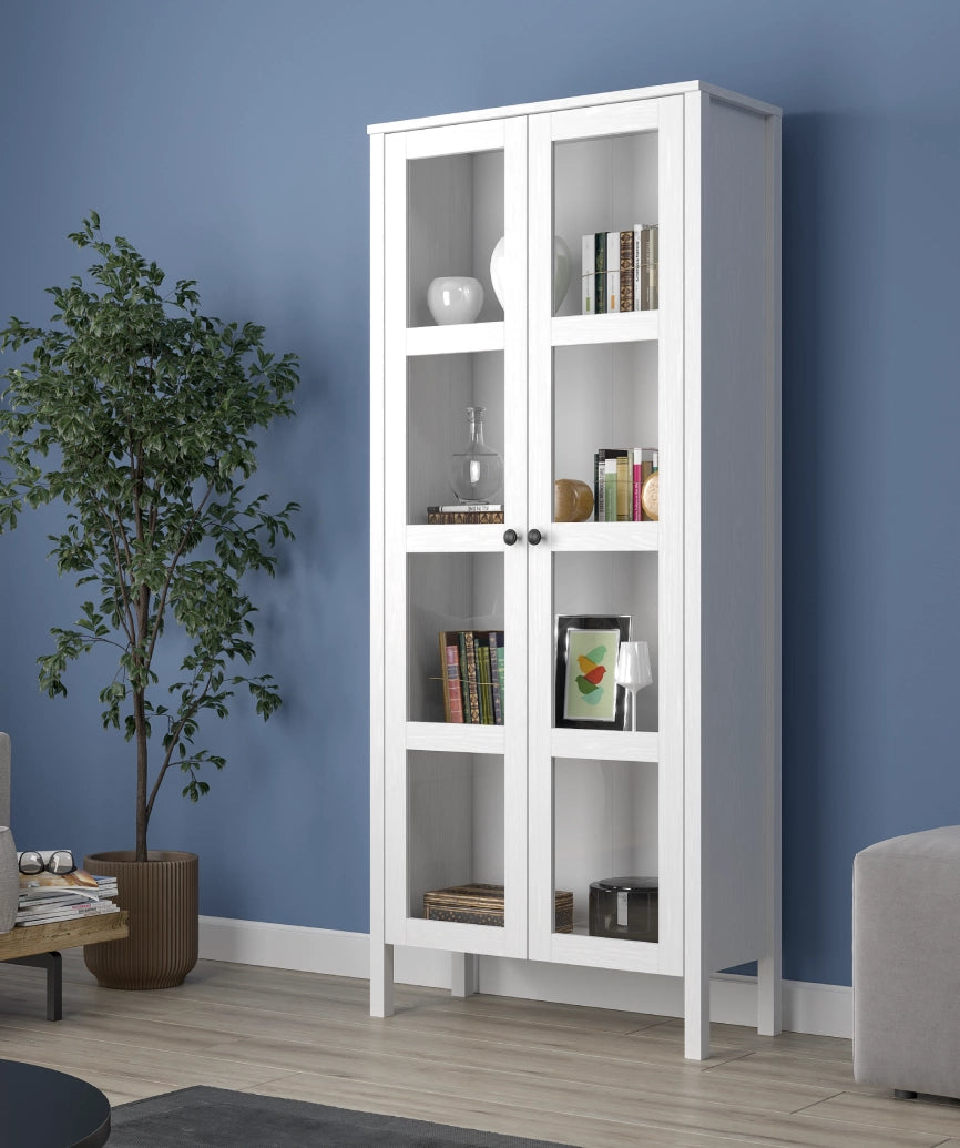 Romy White Wood Glass Door Display Cabinet - White Wood Display Cabinet Made in Turkey to Order for UK Dining Room Interiors - White Wood display cabinet by Netline Home Interior