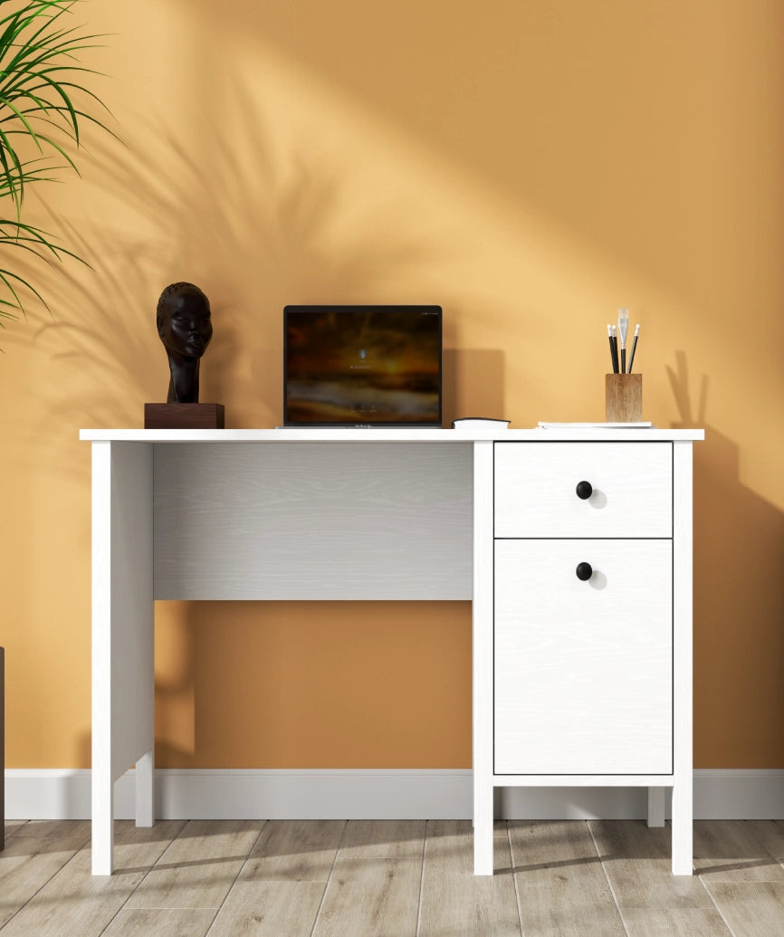 Mirel White Wood 1-Door 1-Drawer Desk - White Wood Desk Made in Turkey to Order for UK Home Office Interiors - White Wood desk by Netline Home Interior